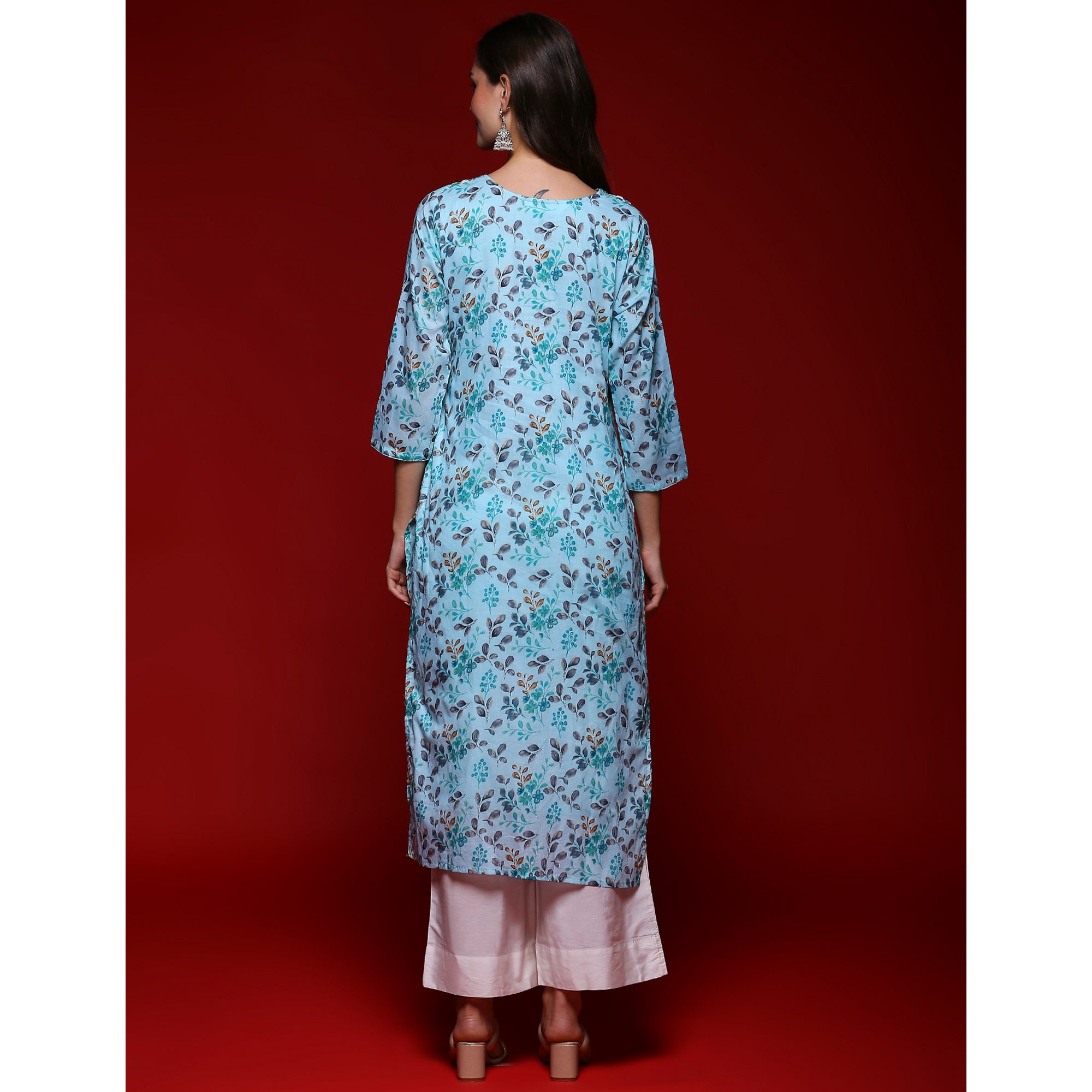 Sky Blue Floral Printed Mulmul Cotton Straight Kurti