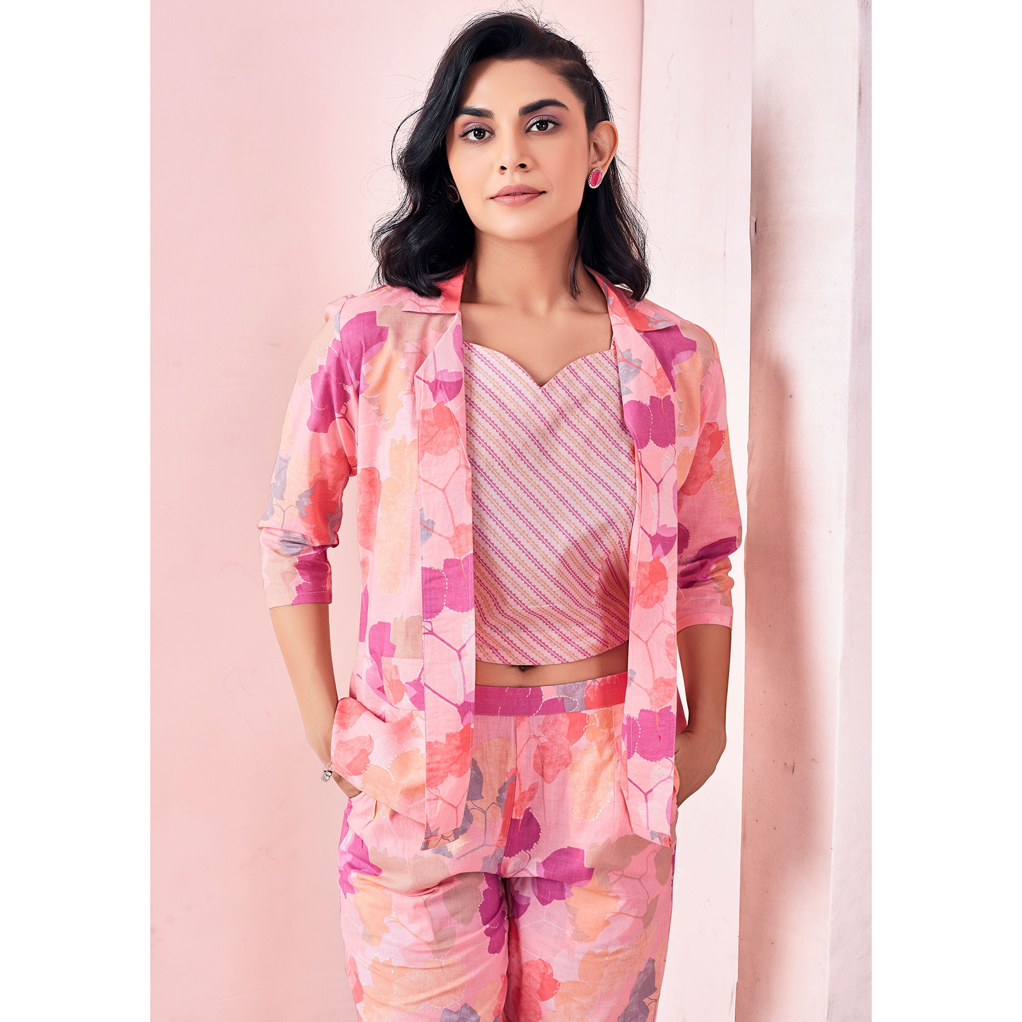 Peach Floral Printed Pure Cotton Co-ord Set With Jacket