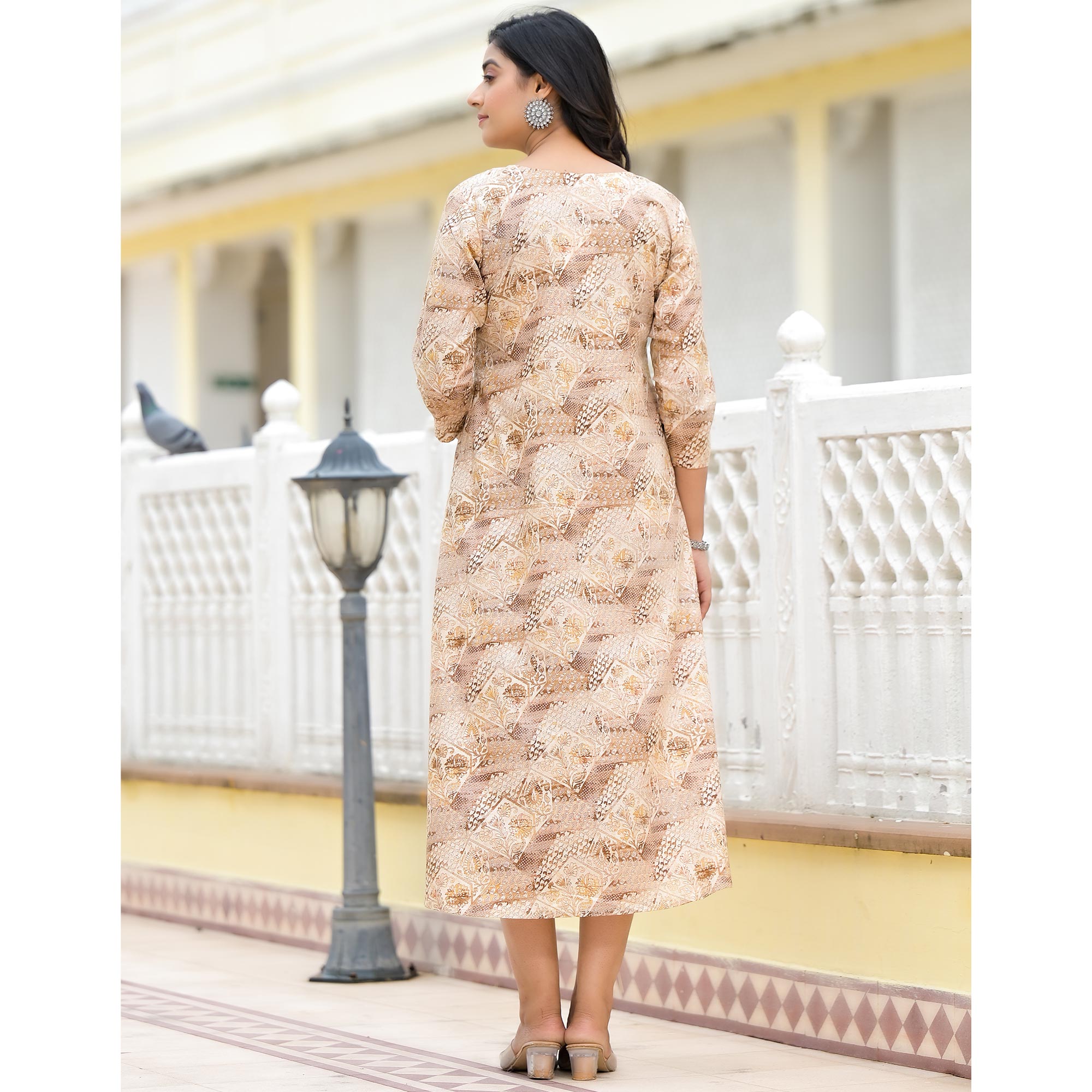Mustard Floral Printed Pure Cotton A-Line Dress