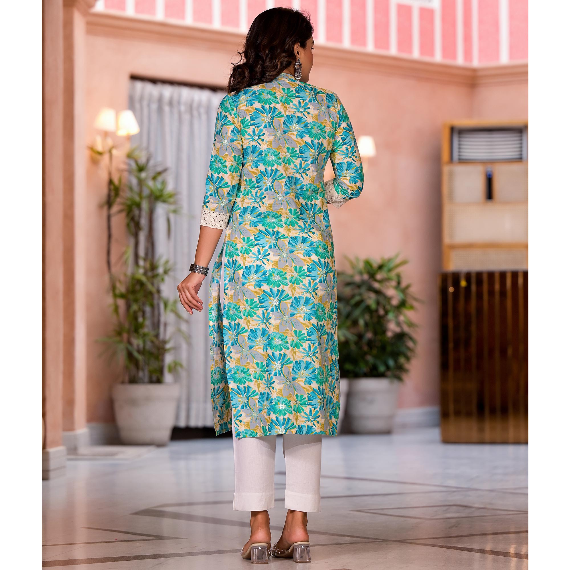 Blue Floral Printed Pure Cotton Straight Kurti