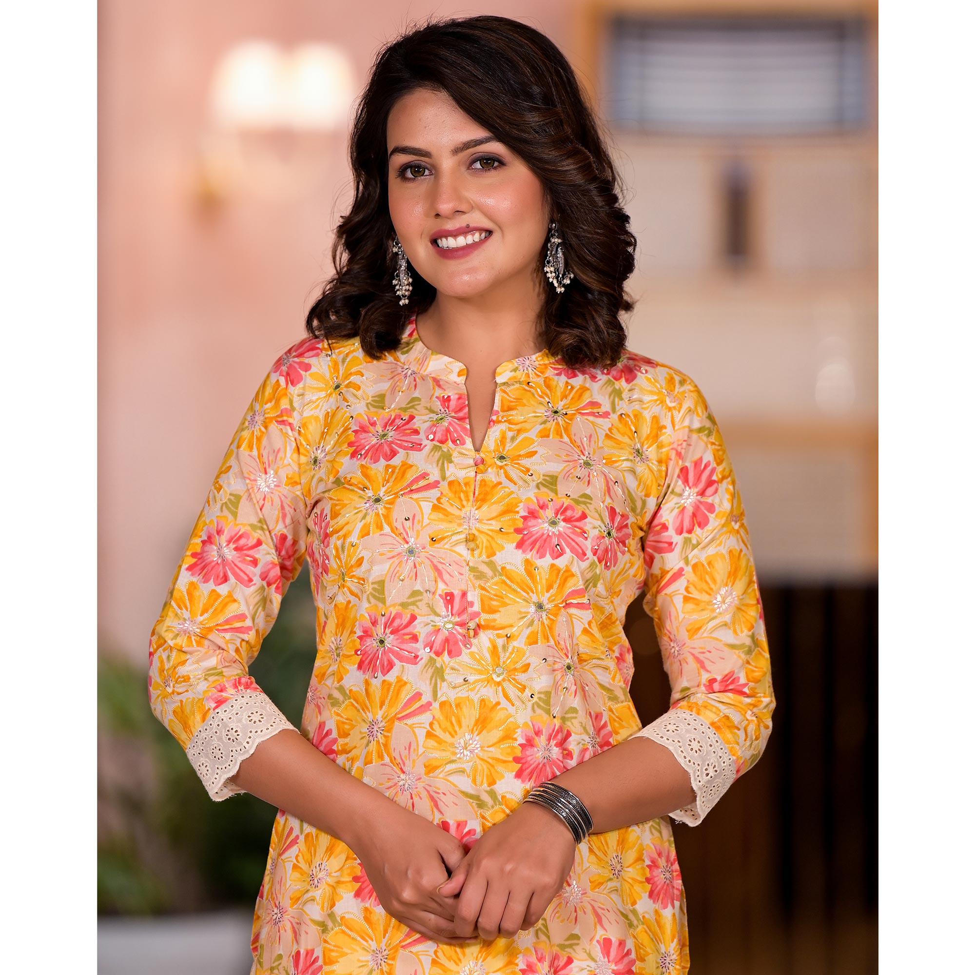 Yellow Floral Printed Pure Cotton Straight Kurti