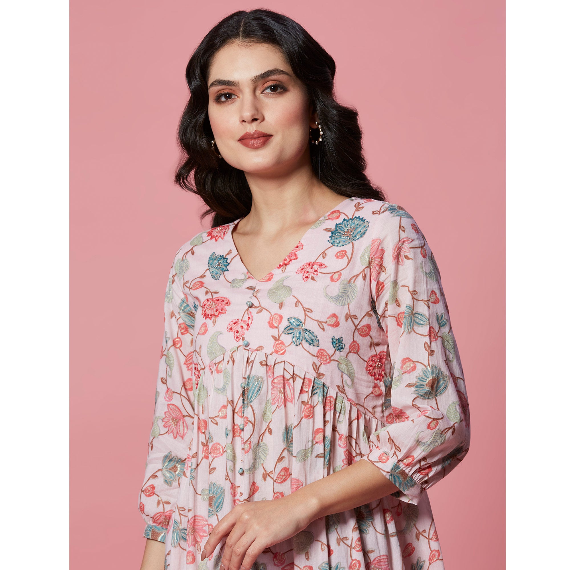 Peach Floral Printed Pure Cotton Dress