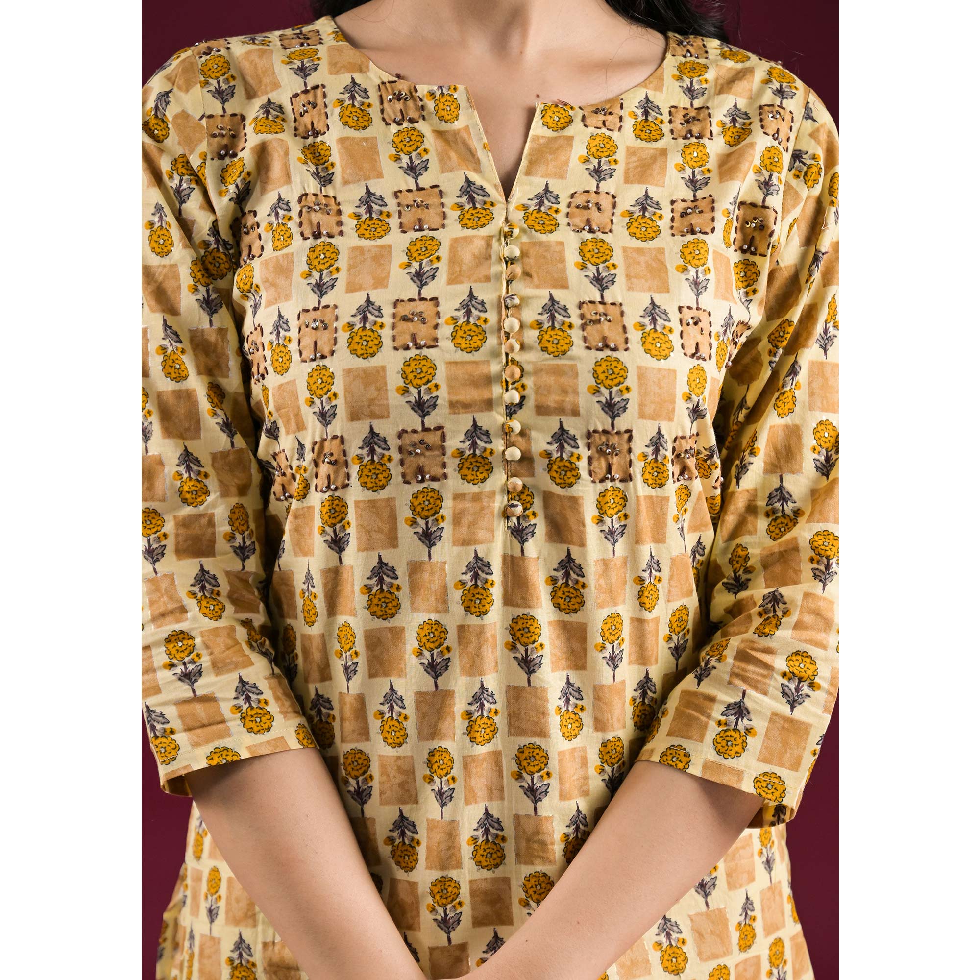 Mustard Floral Printed Pure Cotton Straight Kurti