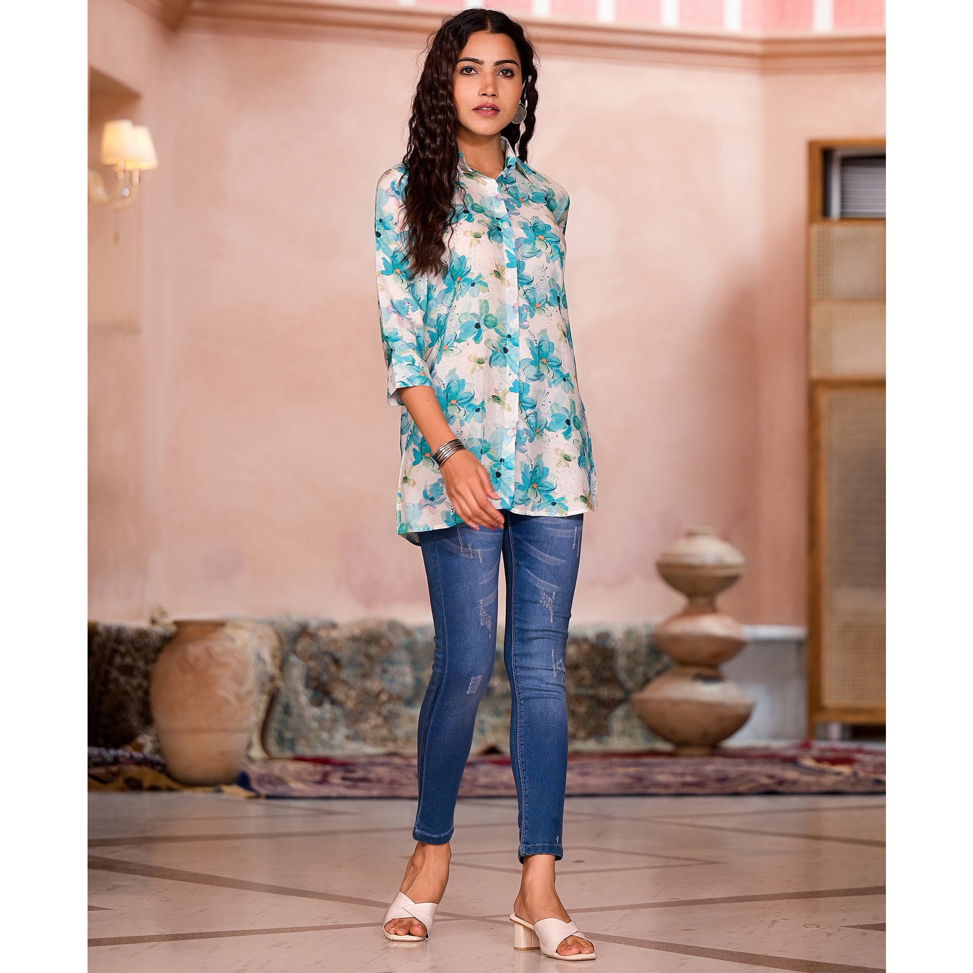 Turquoise Floral Printed Muslin Top