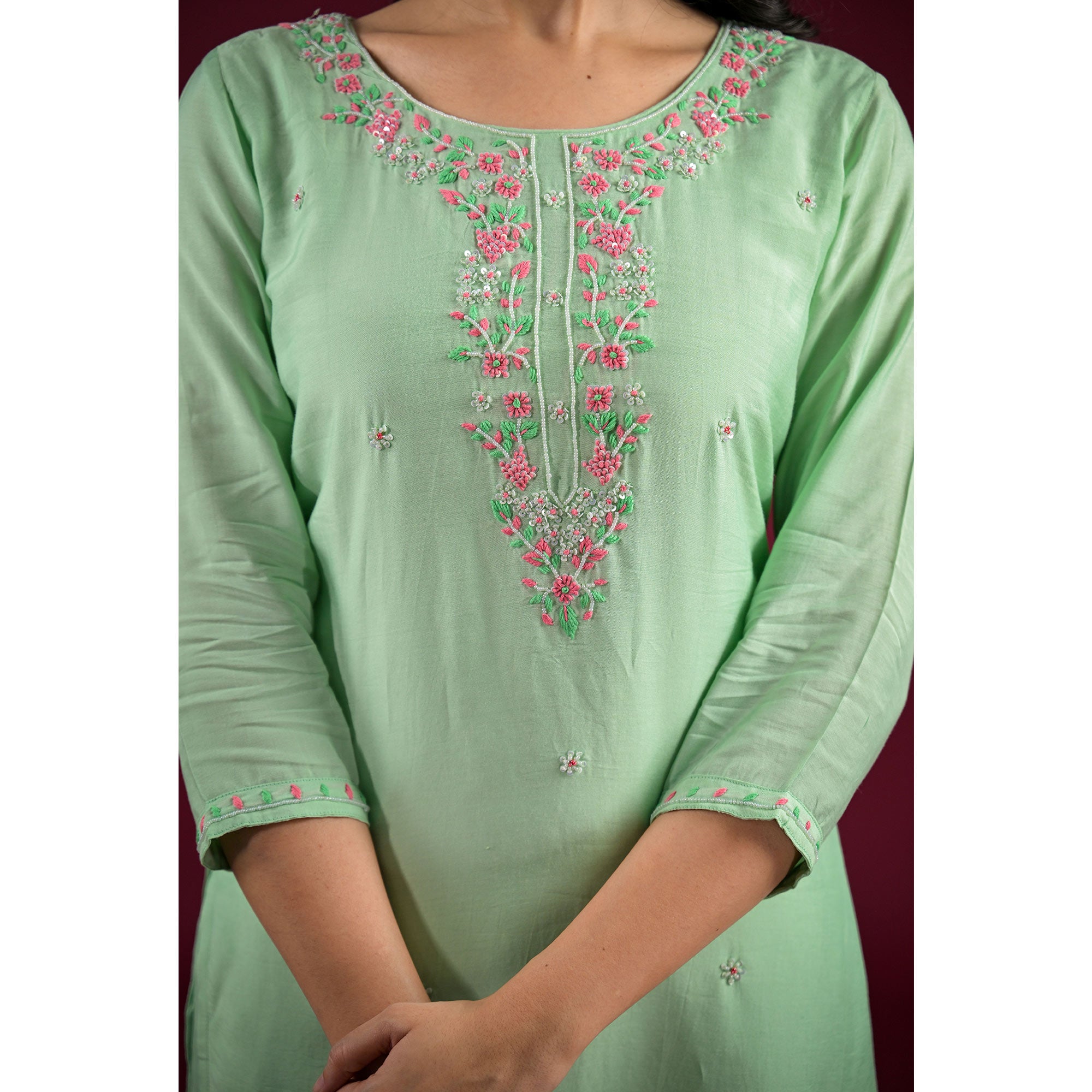 Pista Green Embroidered Muslin Straight Salwar Suit