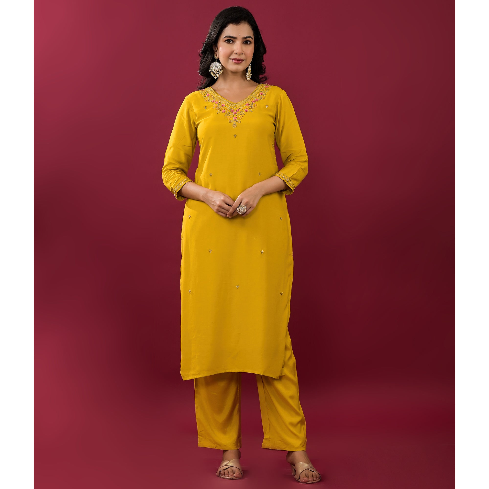 Mustard Embroidered Muslin Straight Salwar Suit