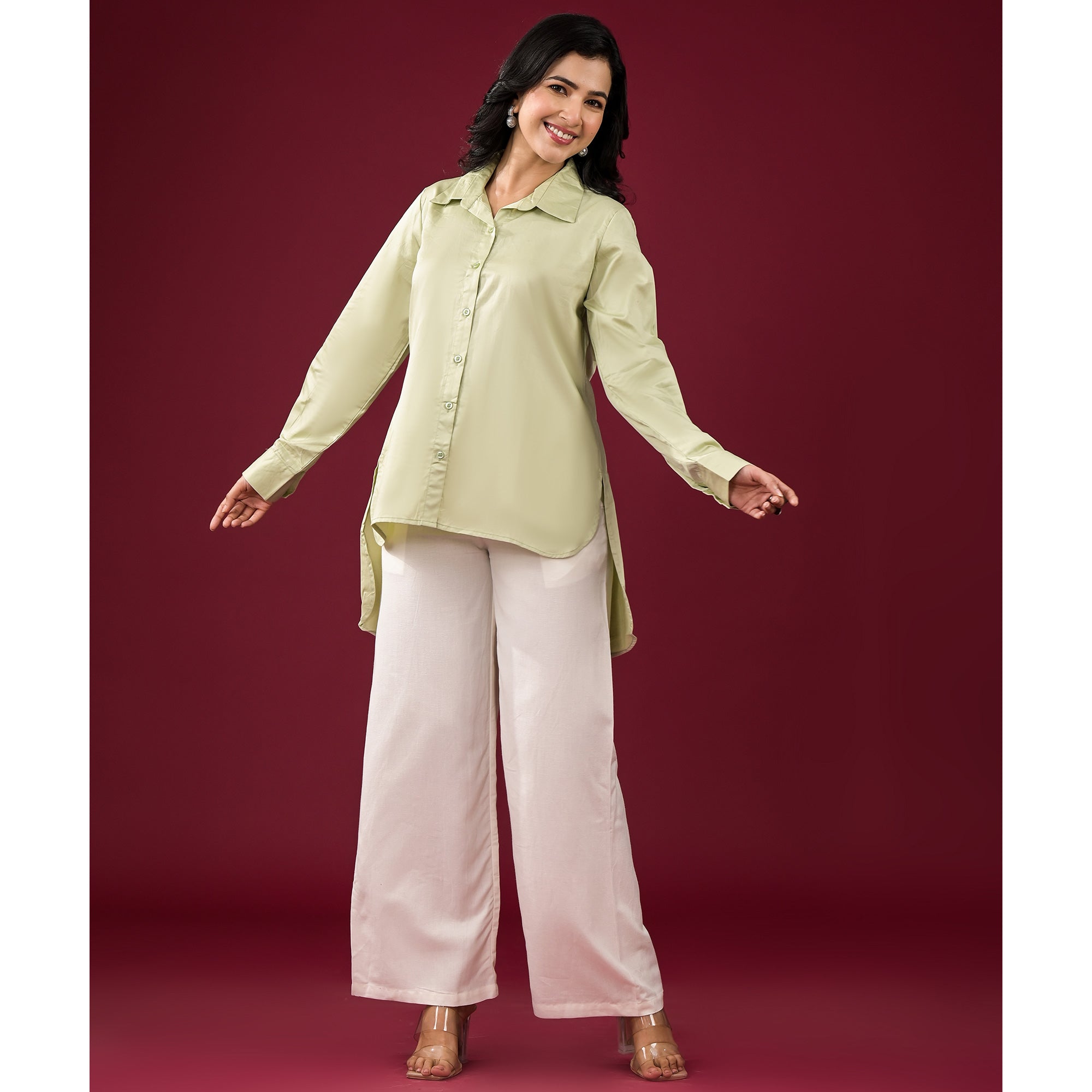 Pista Green Solid Satin High-Low Shirt