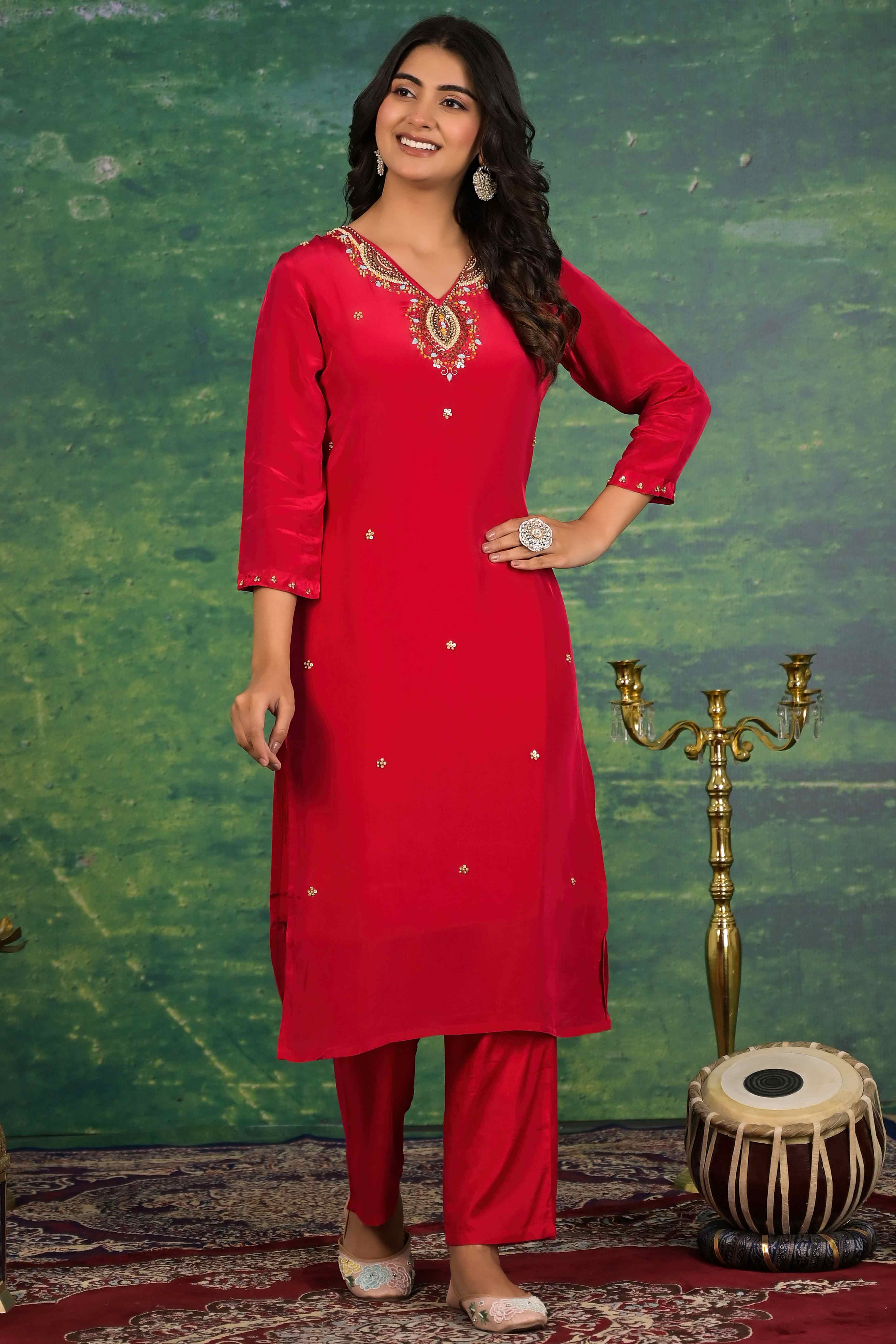 Red Beads Work Embroidered Crepe Salwar Suit