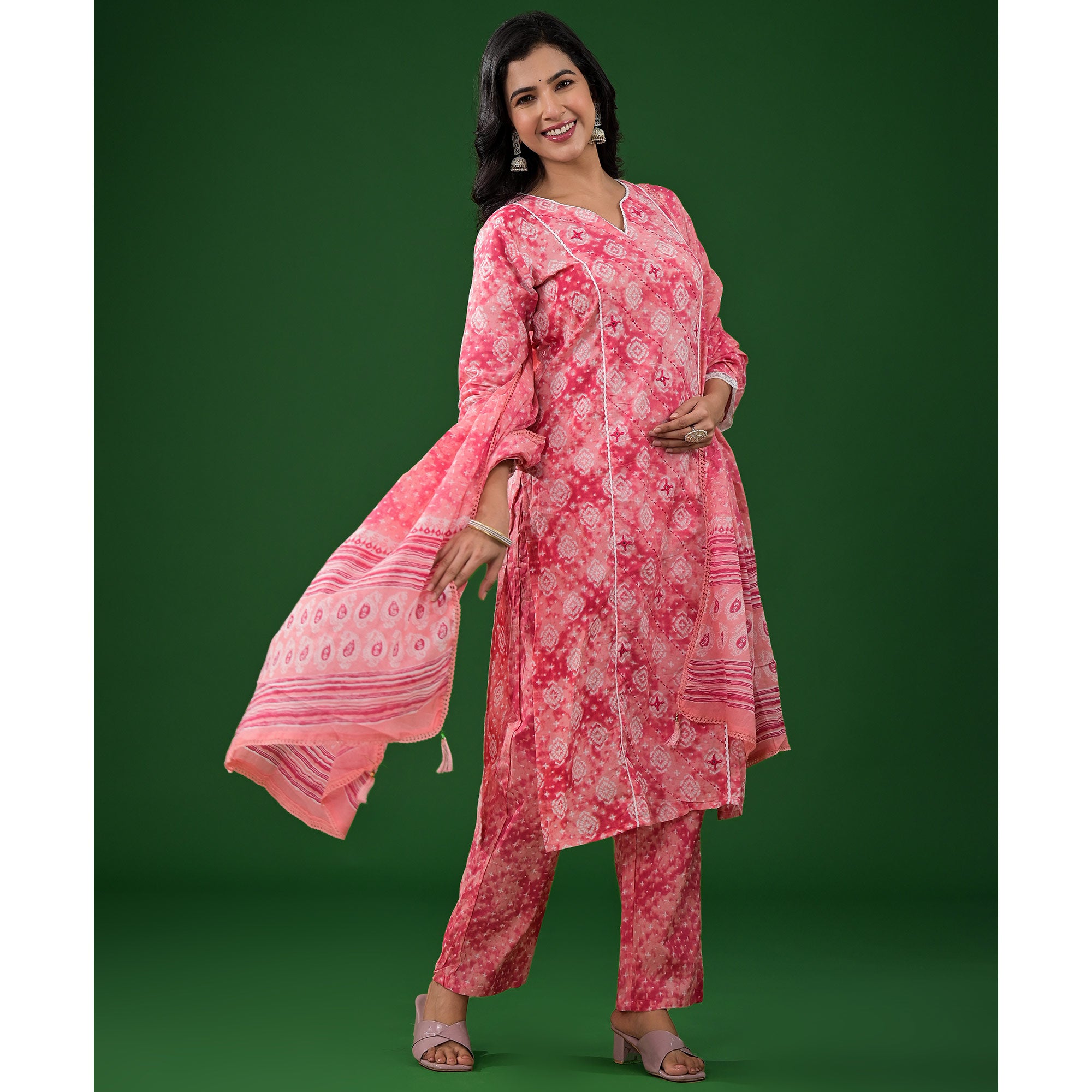 Pink Printed Pure Cotton Straight Salwar Suit