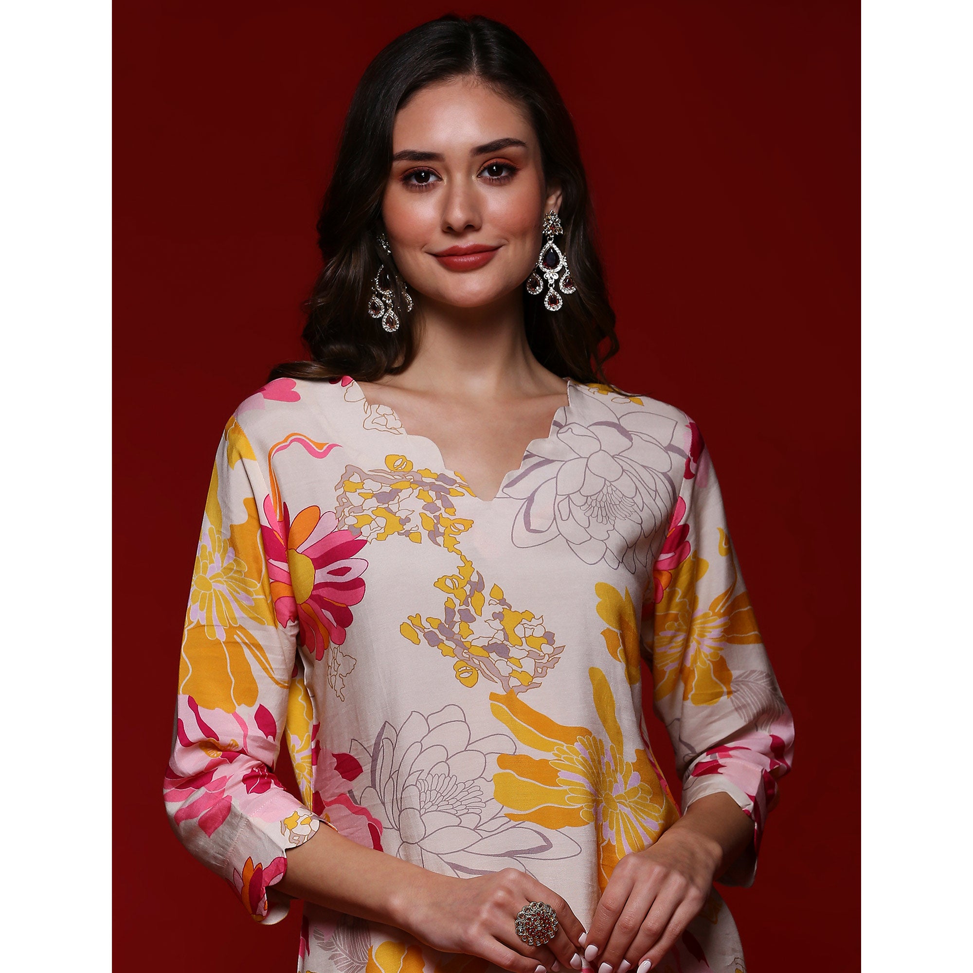 Off White Floral Printed Muslin Co-Ord Set