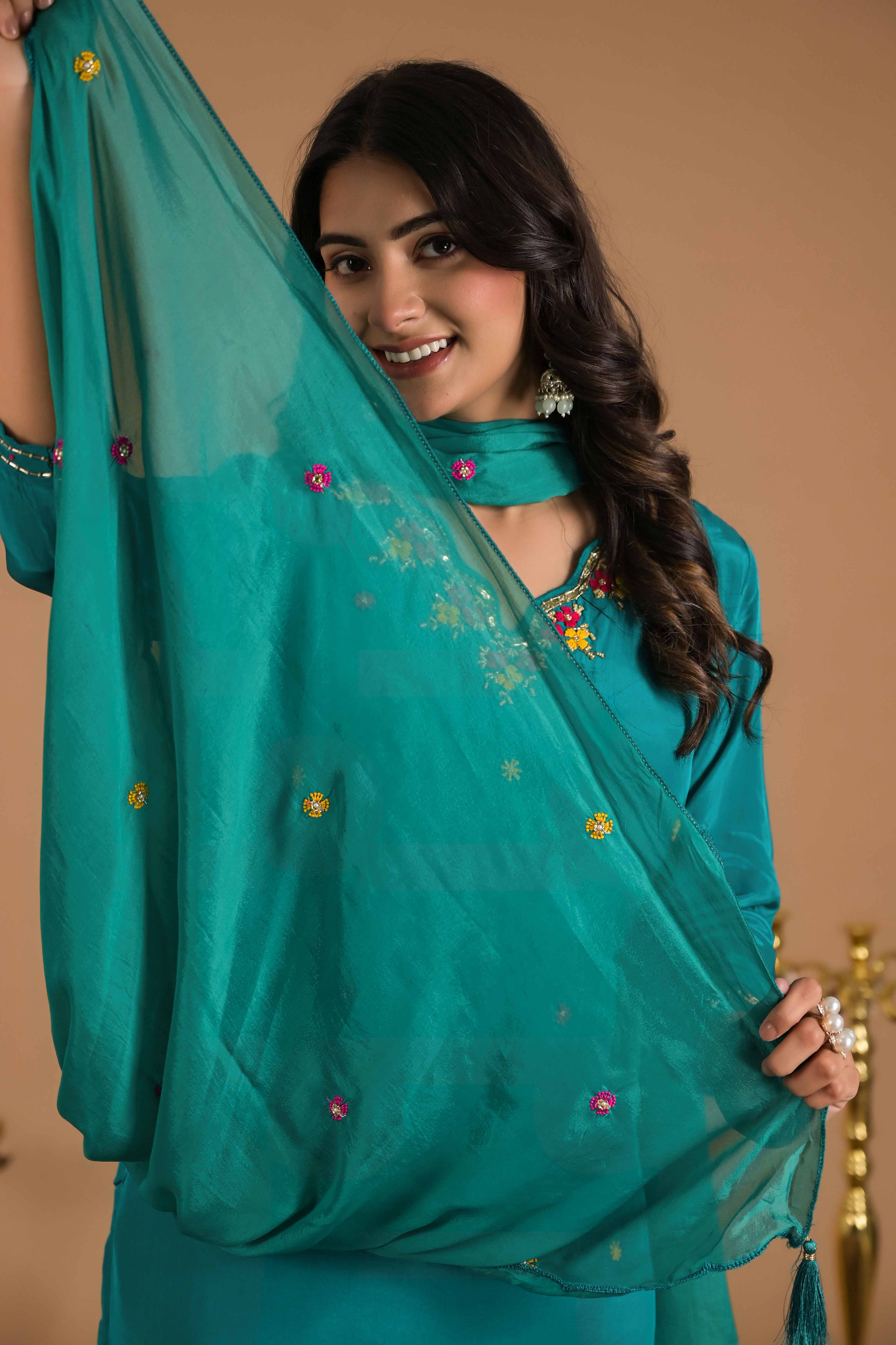 Turquoise Beads Work Embroidered Crepe Salwar Suit