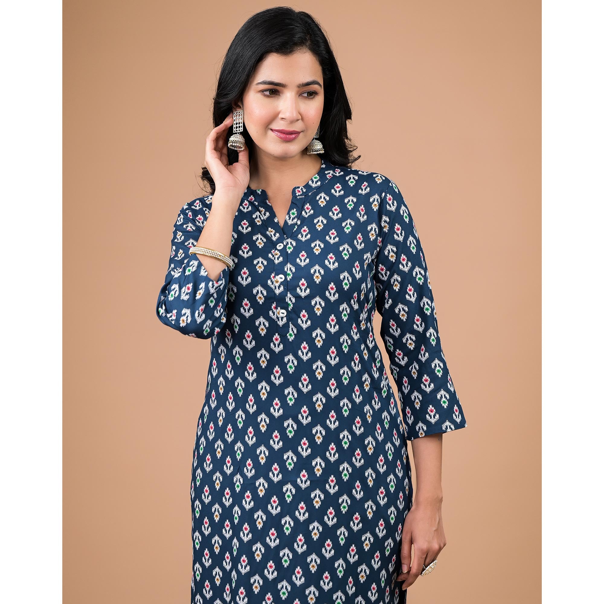 Navy Blue Rayon Printed Straight Kurti