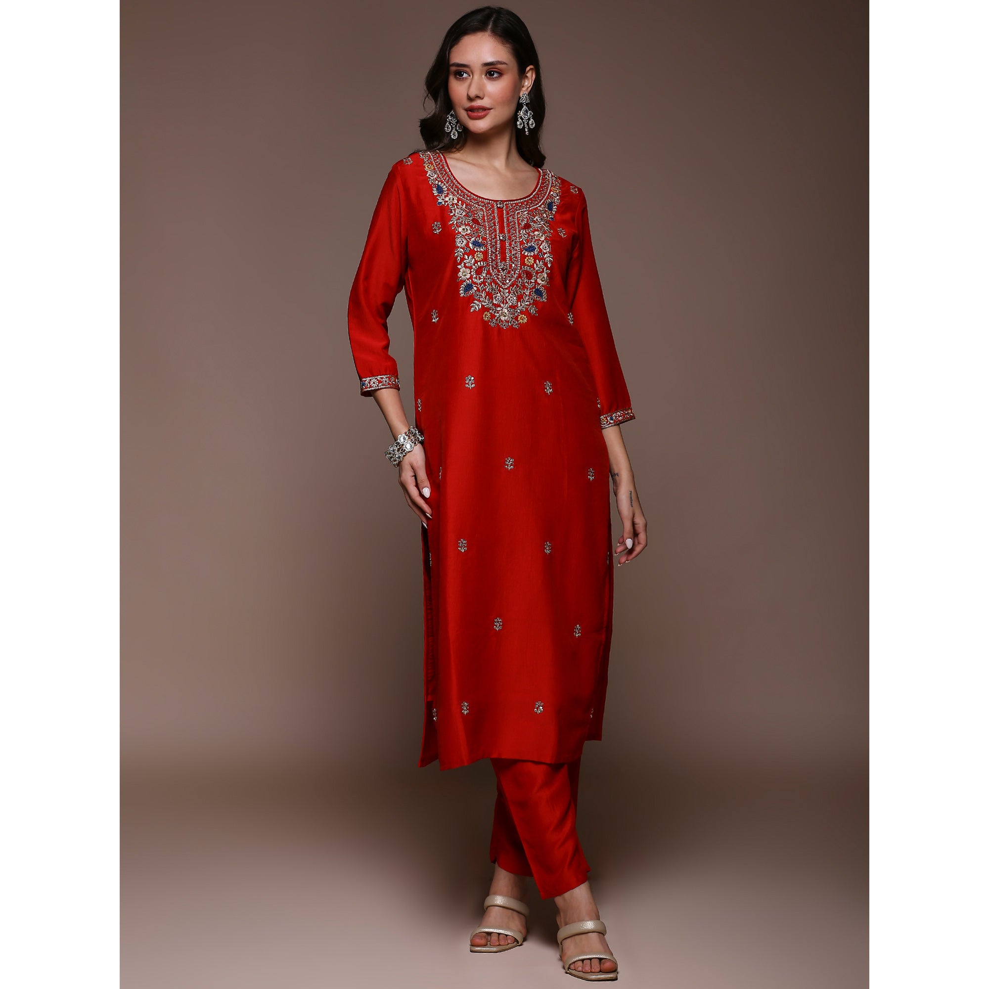 Red Floral Embroidered Cotton Silk Salwar Suit