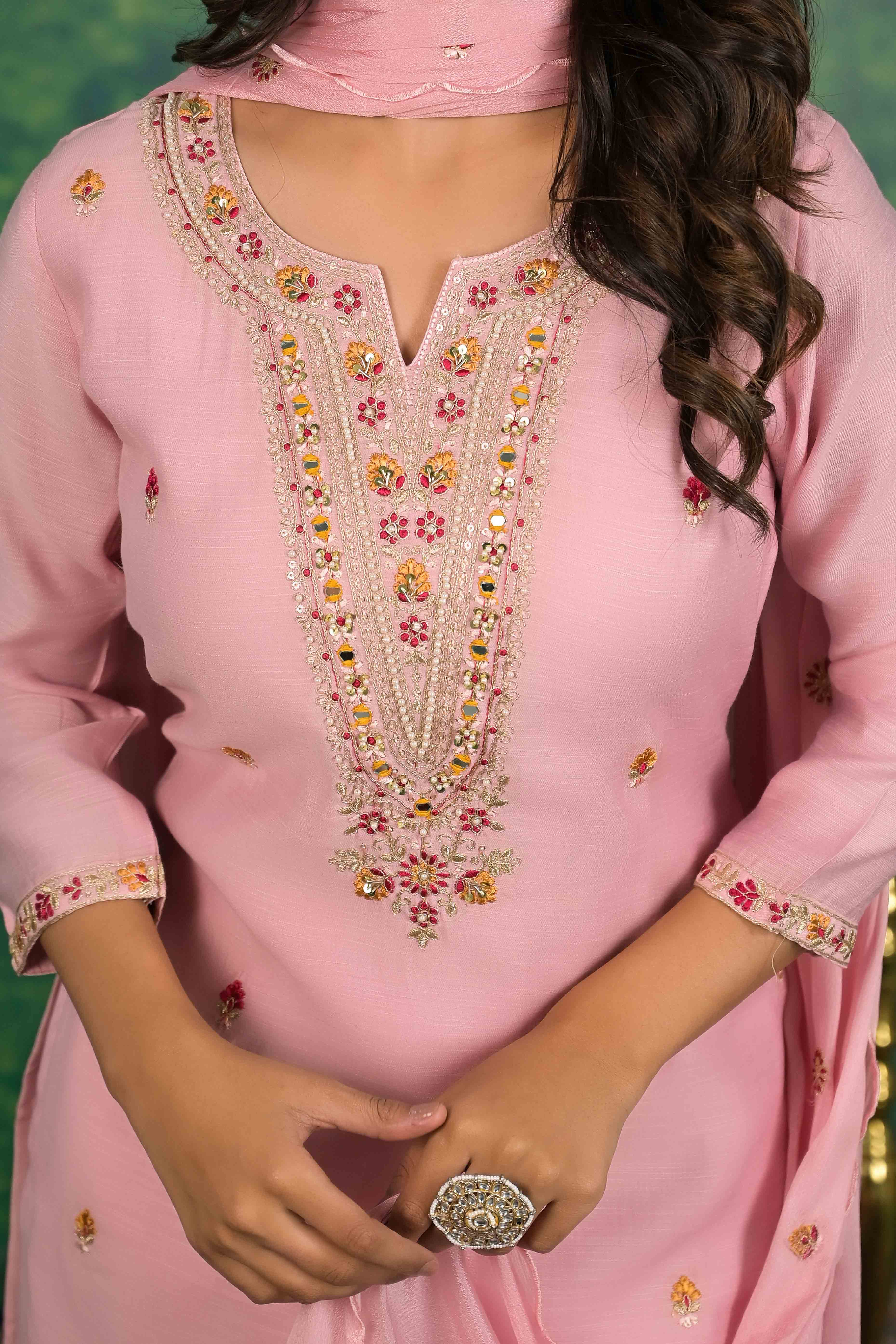 Peach Floral Embroidered Pure Cotton Salwar Suit