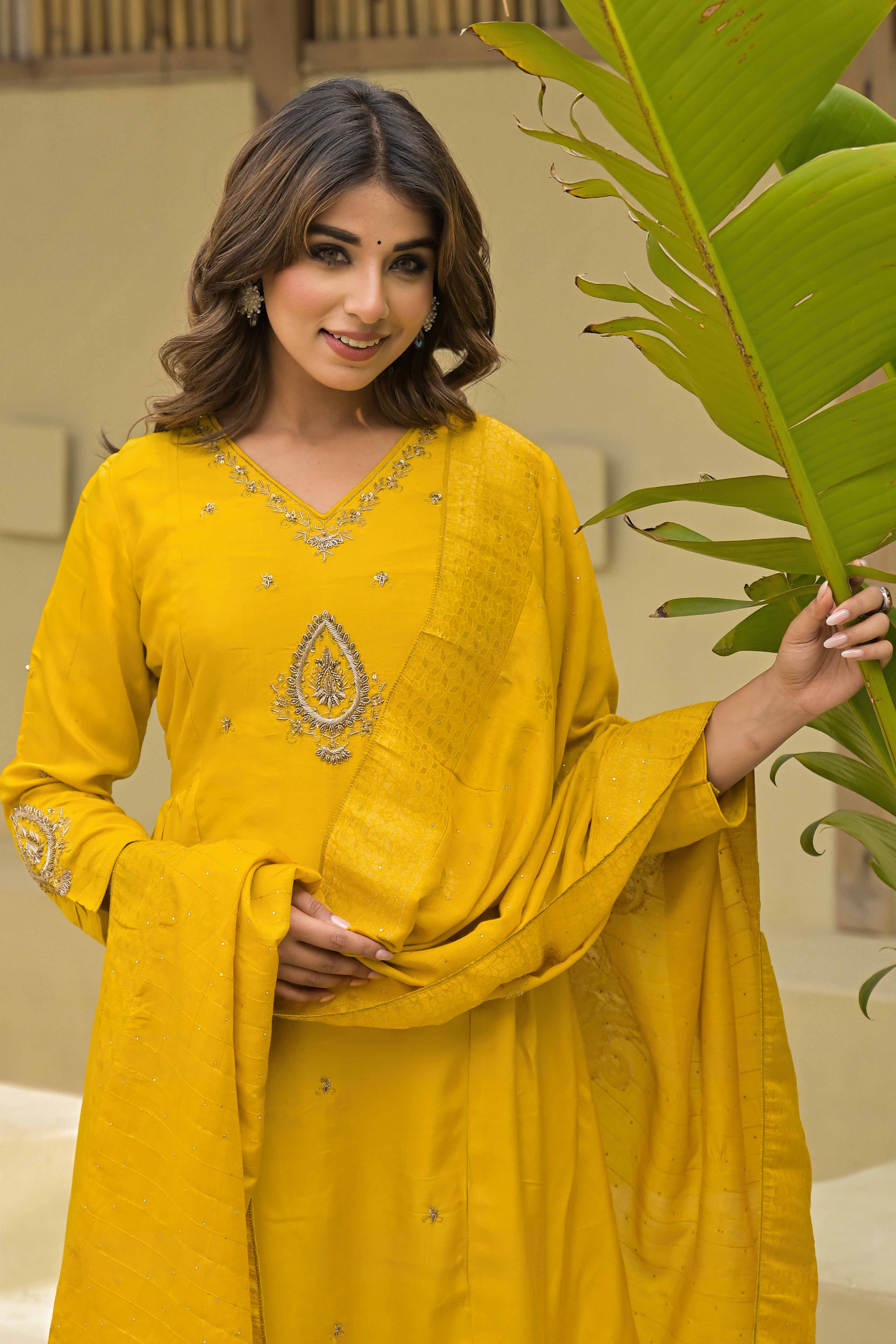 Mustard Hand Ari Work Muslin Anarkali Style Salwar Suit