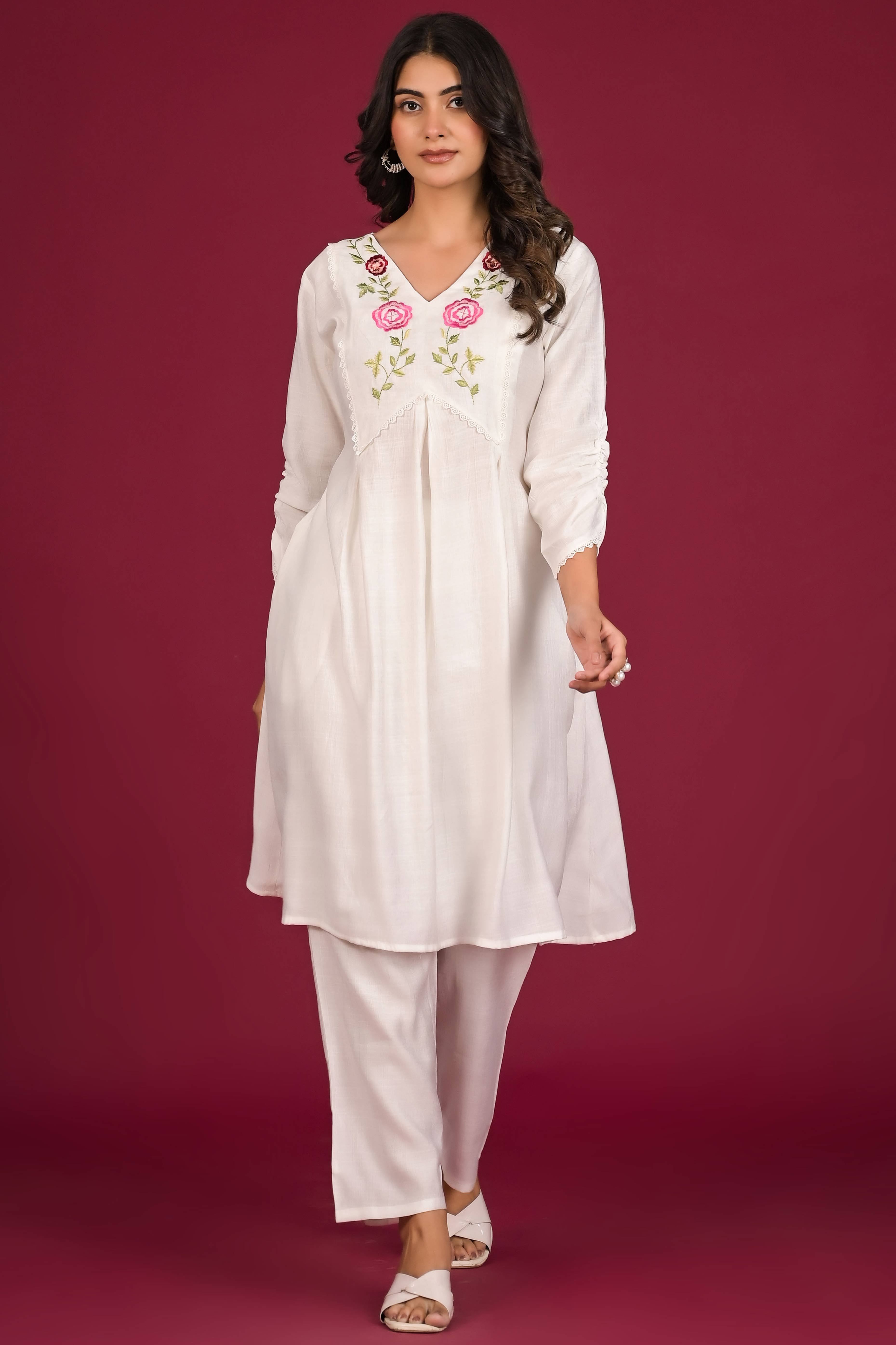 White Neck Embroidered Viscose Top Bottom Set