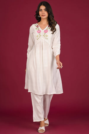 White Neck Embroidered Viscose Top Bottom Set