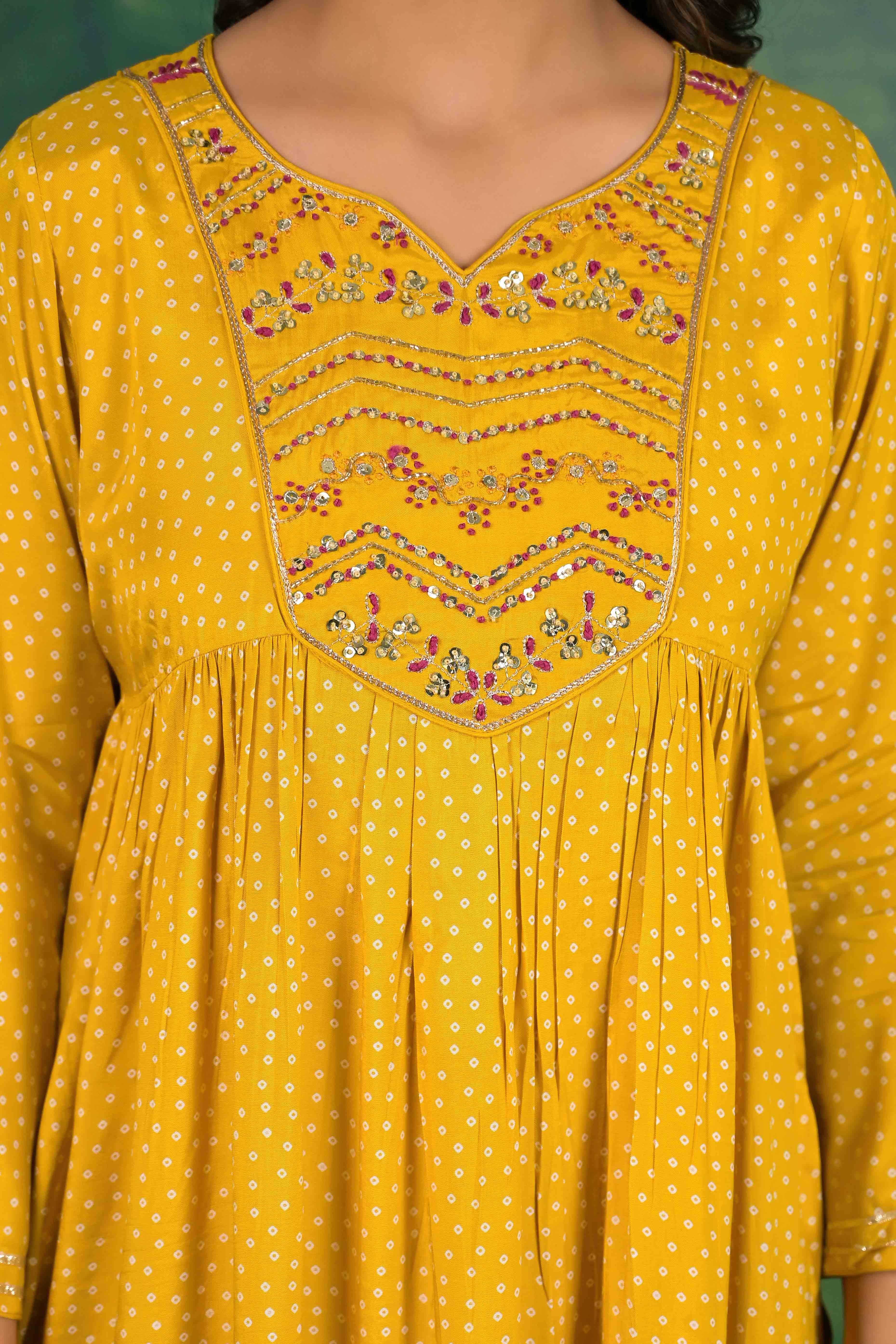 Mustard Yoke Embroidered Anarkali Muslin Salwar Suit