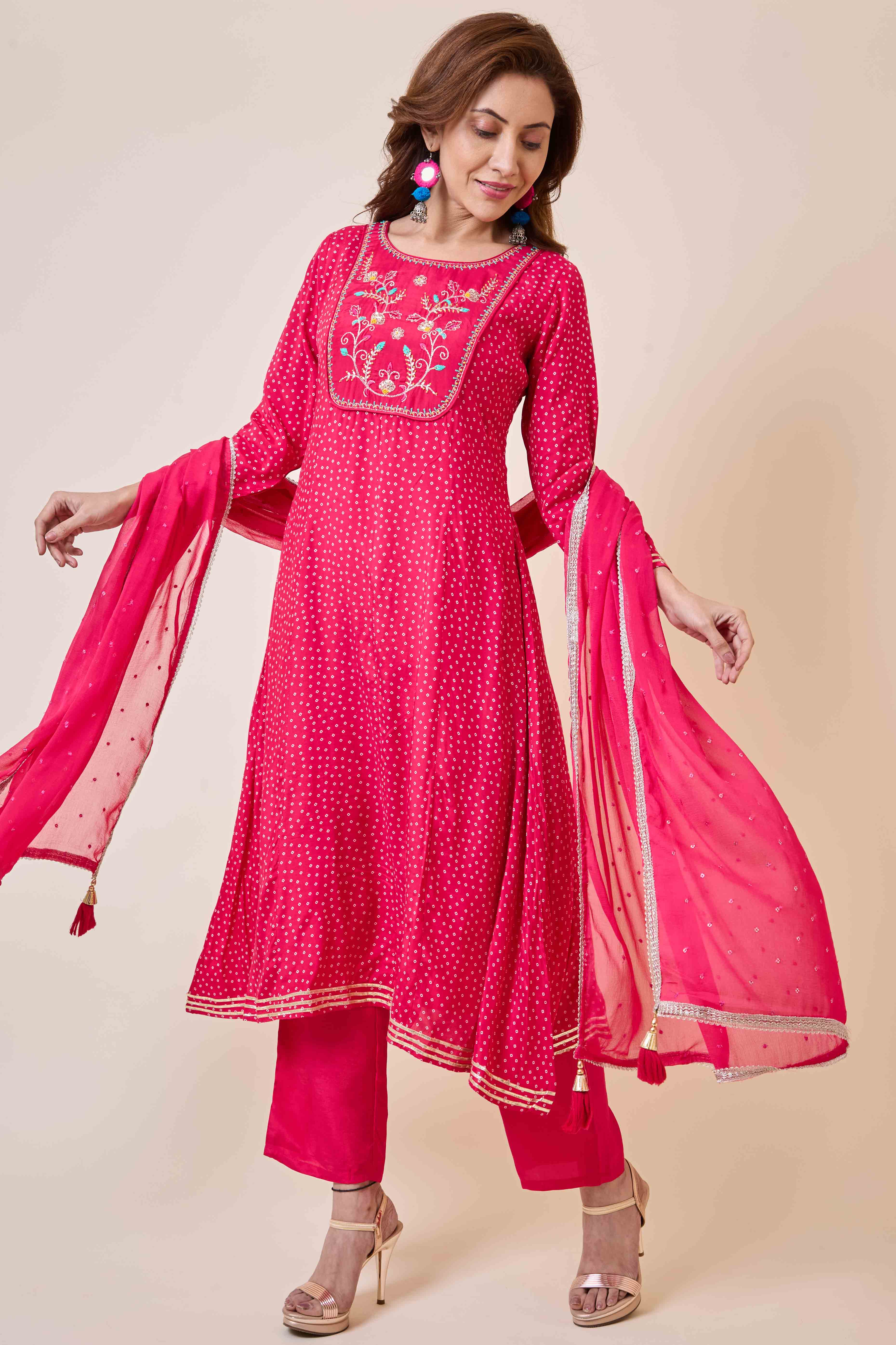 Rani Pink Embroidered Anarkali Style Muslin Salwar Suit