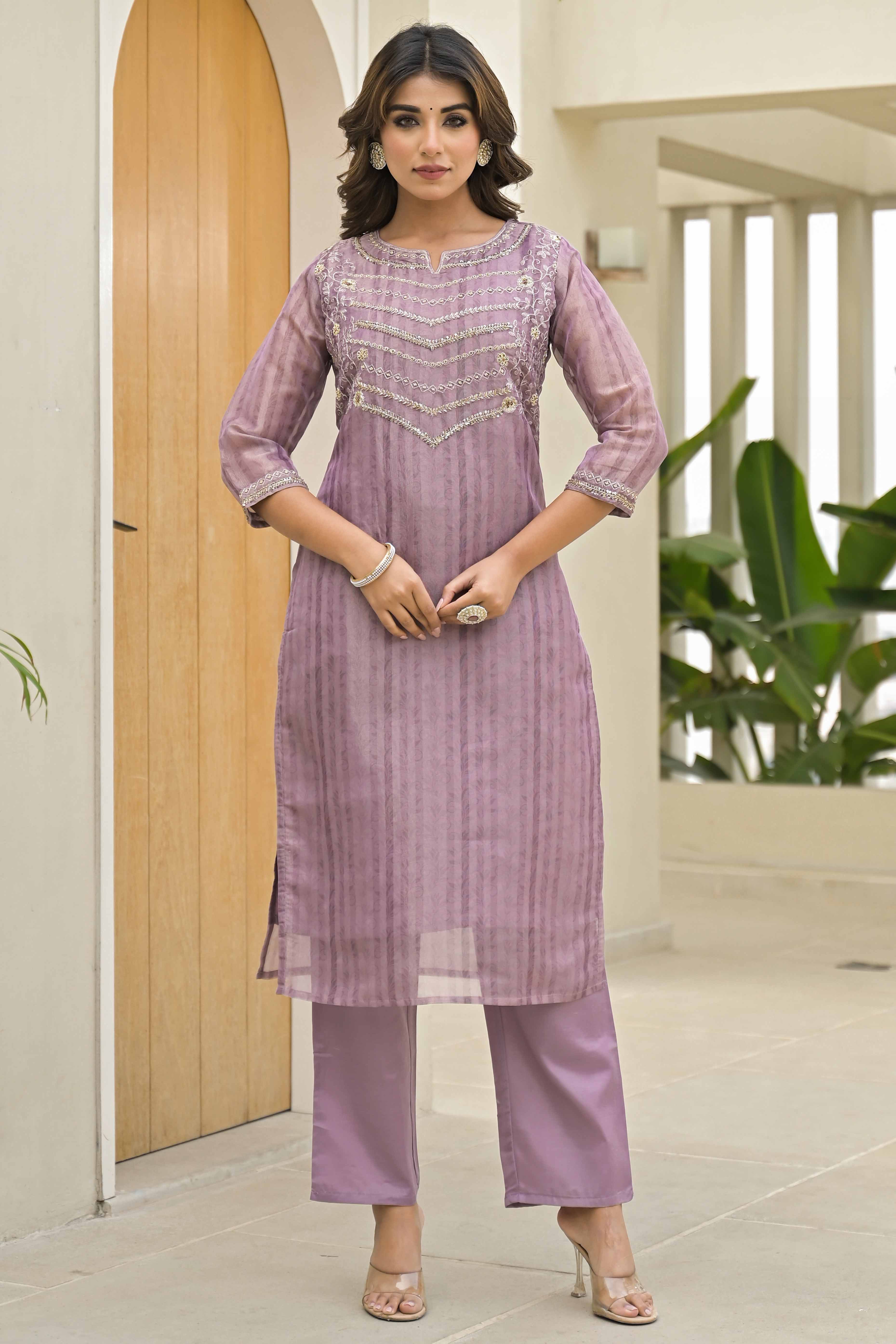 Lavender Embroidered Handwork Crush Chanderi Salwar Suit