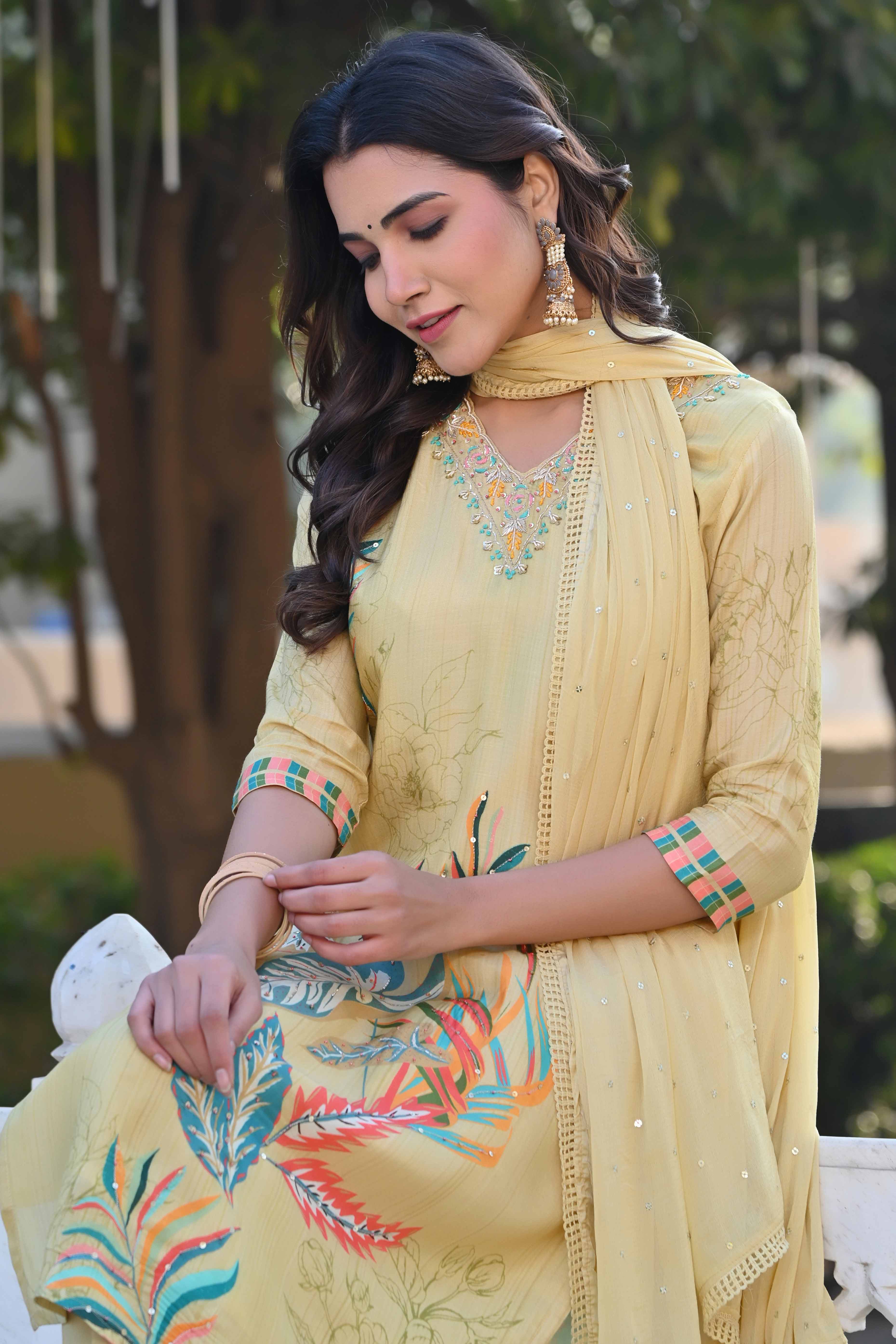 Lime Yellow Sequins Work With Printed Muslin Salwar Suit