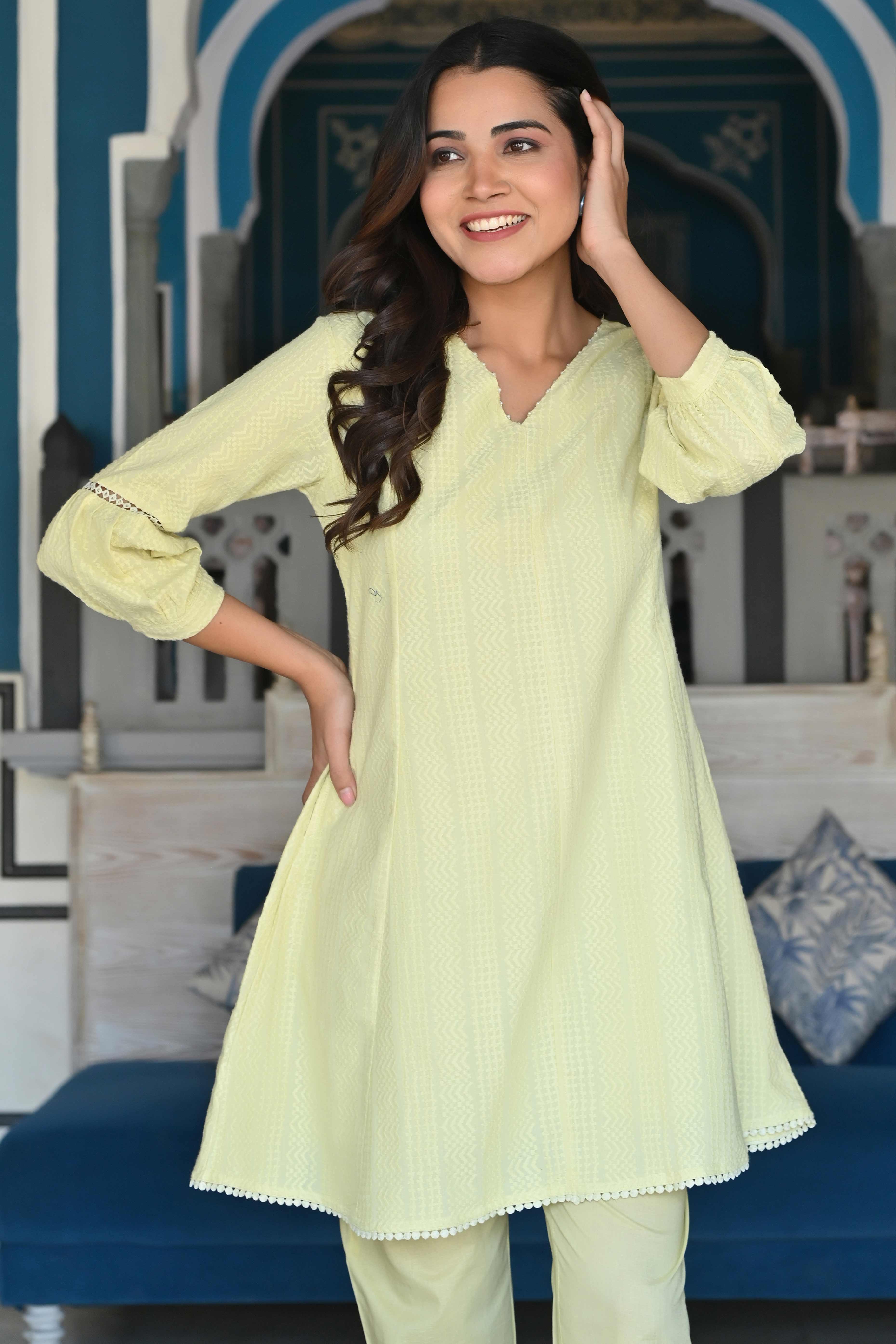 Lemon Yellow Dobby Work Pure Cotton Co-Ord Set