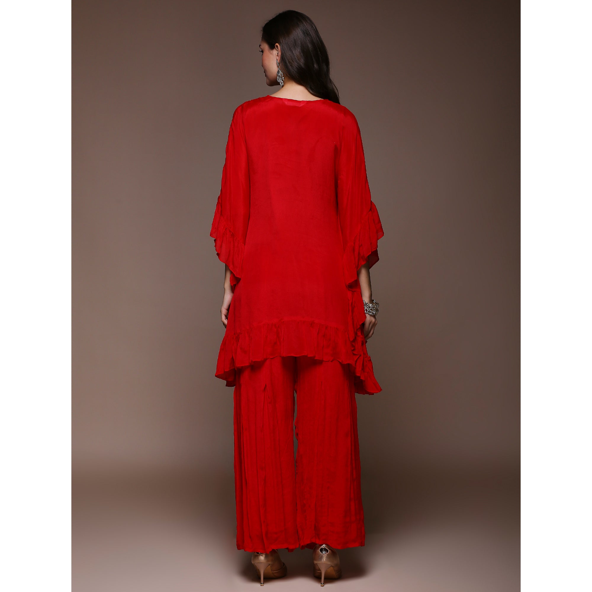 Crimson Red Embroidered Kaftan Style Chinon Co-Ord Set