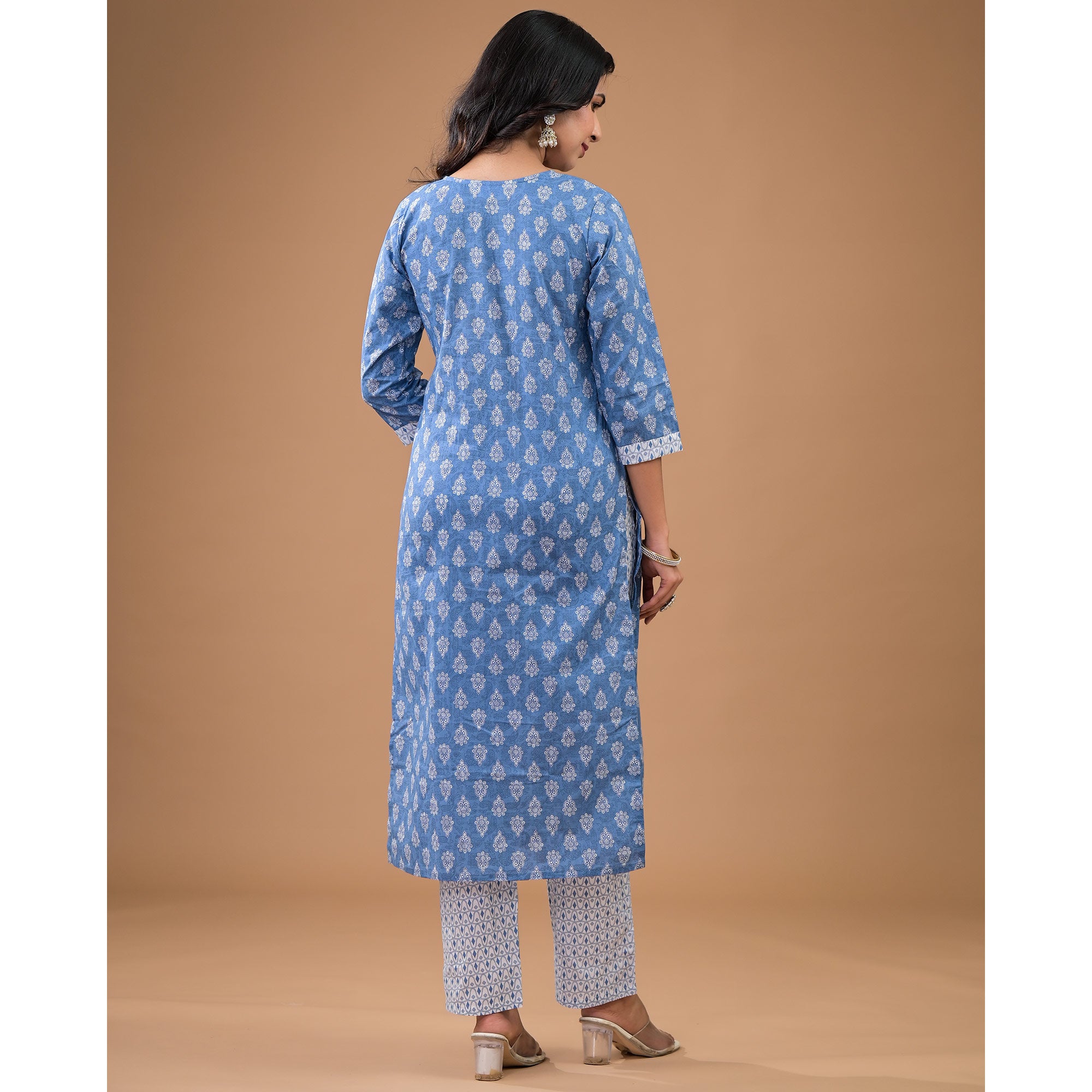 Blue Floral Printed Pure Cotton Salwar Suit