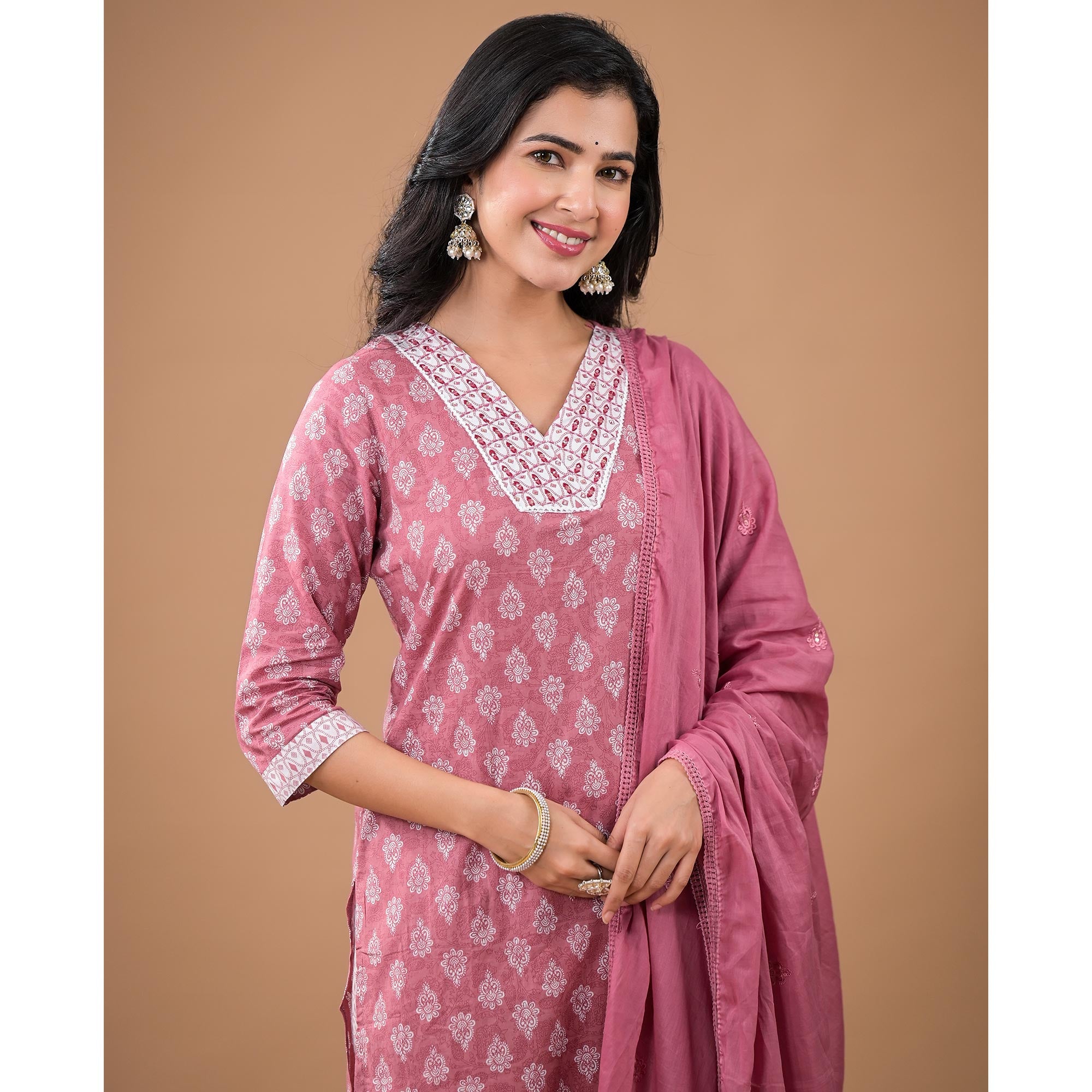 Pink Floral Printed Pure Cotton Salwar Suit