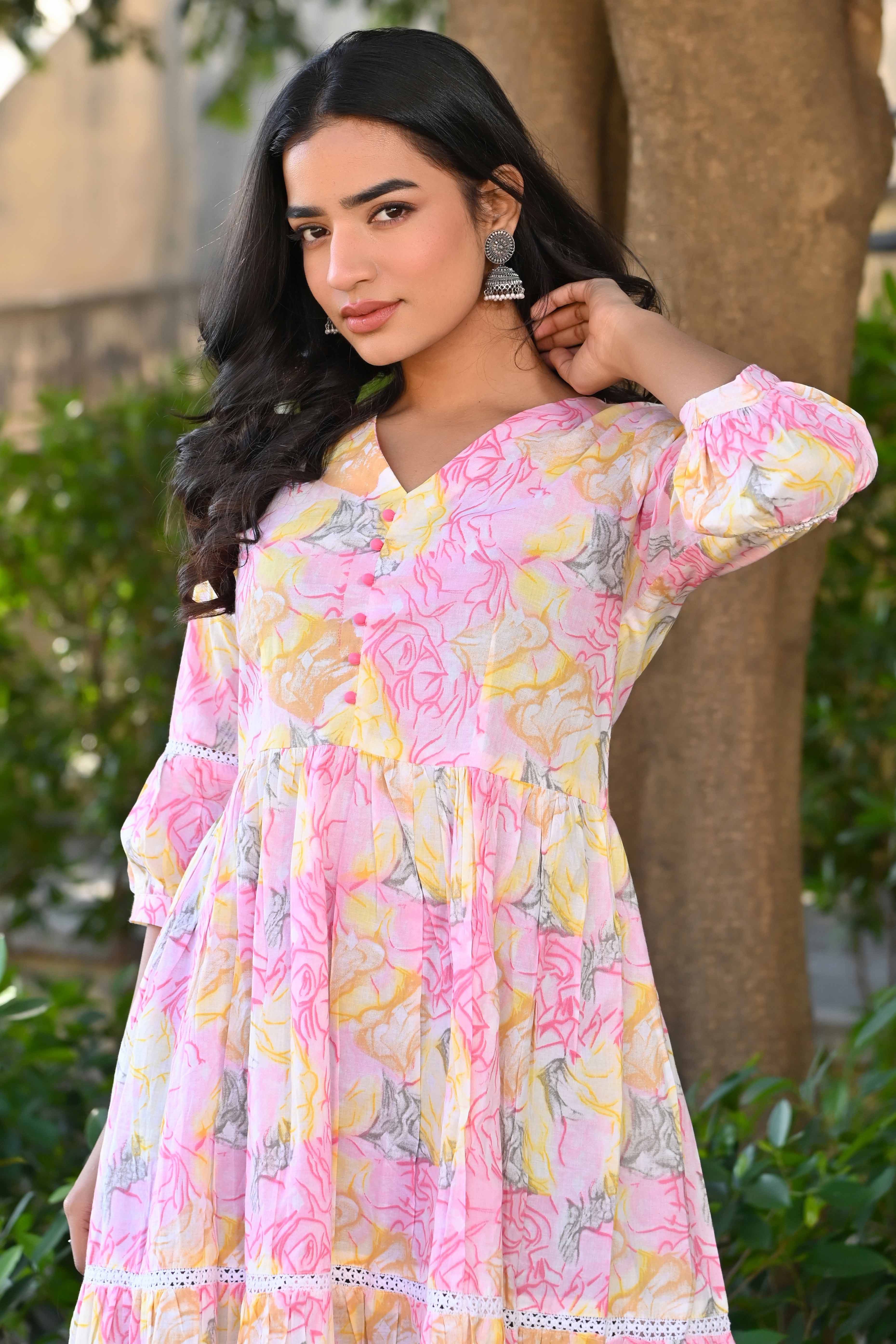 Yellow & Pink Floral Printed Pure Cotton Maxi Dress