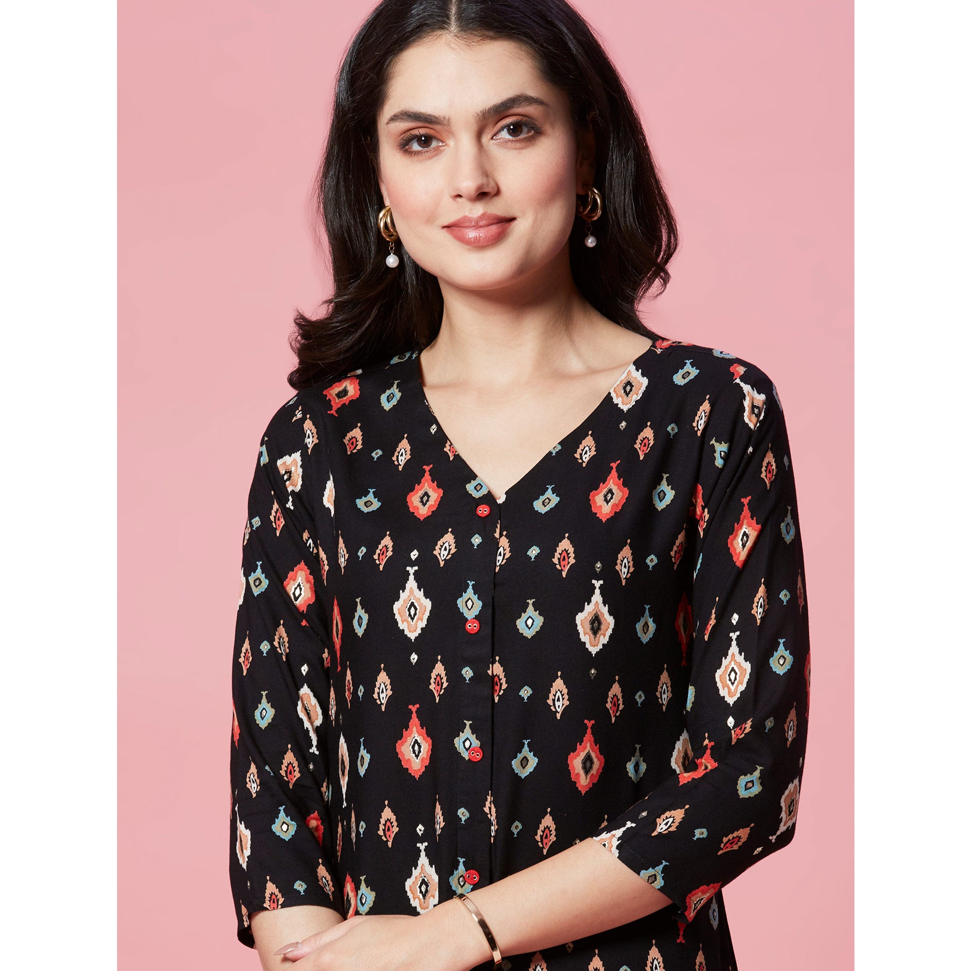 Black Ikkat Printed Rayon Straight Kurti