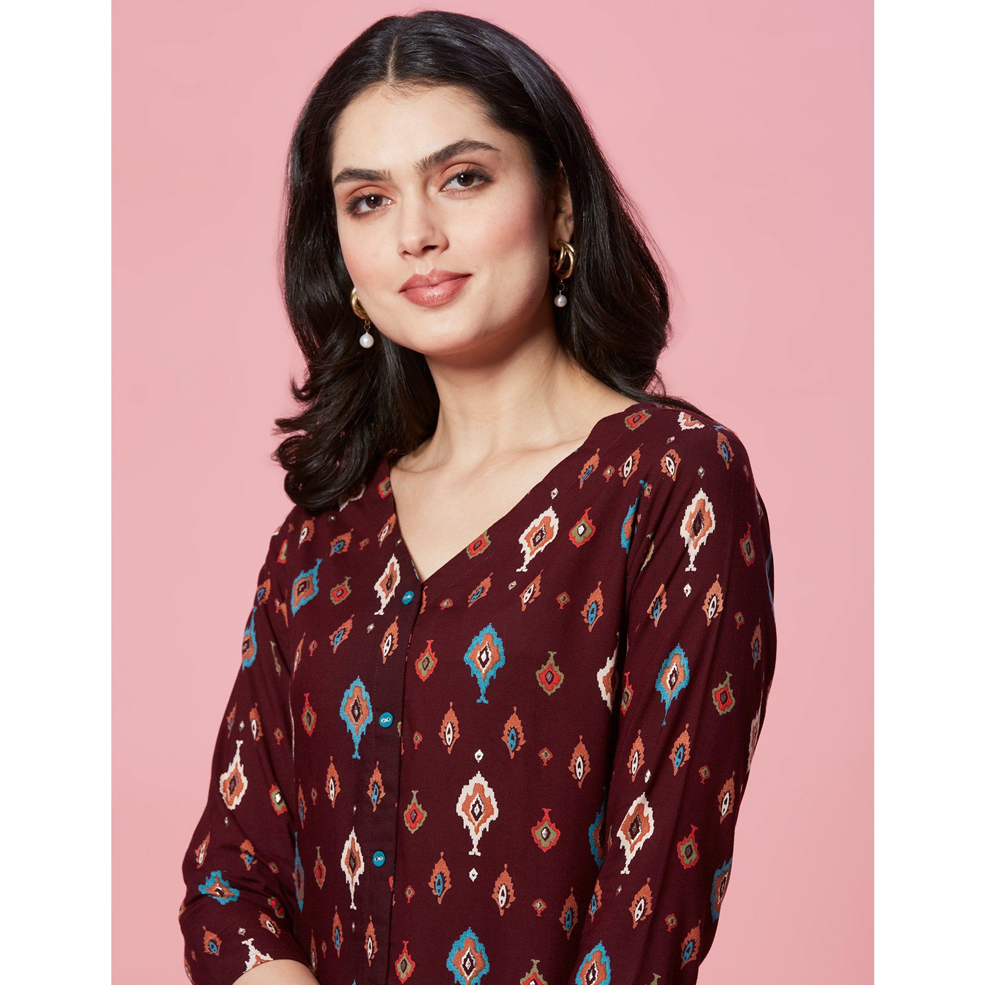 Maroon Ikkat Printed Rayon Straight Kurti