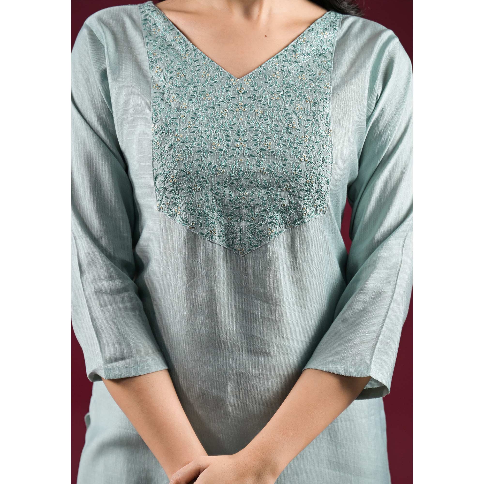 Mint Green Yoke Embroidered Viscose Straight Kurti