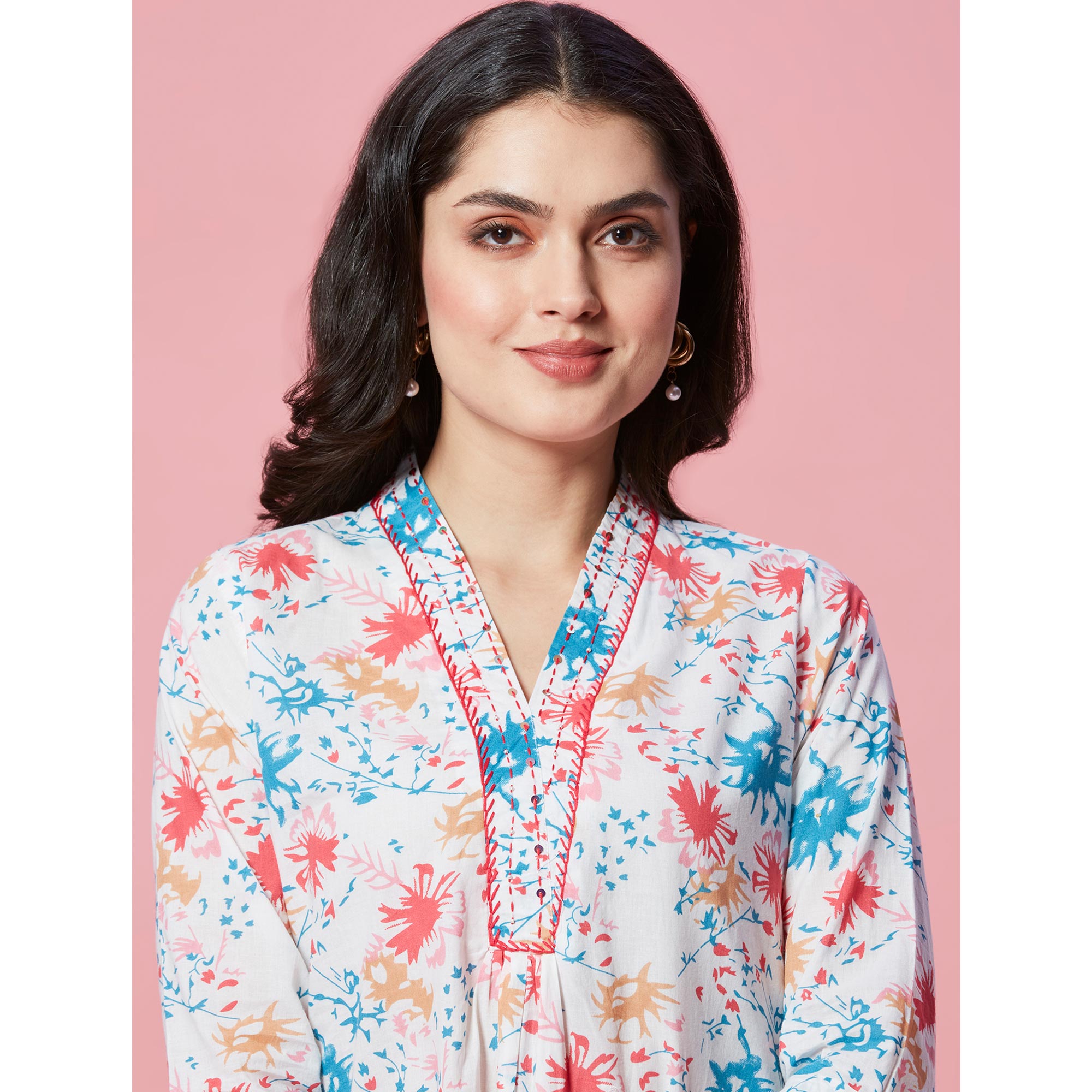 White Floral Printed Pure Cotton A-Line Kurti