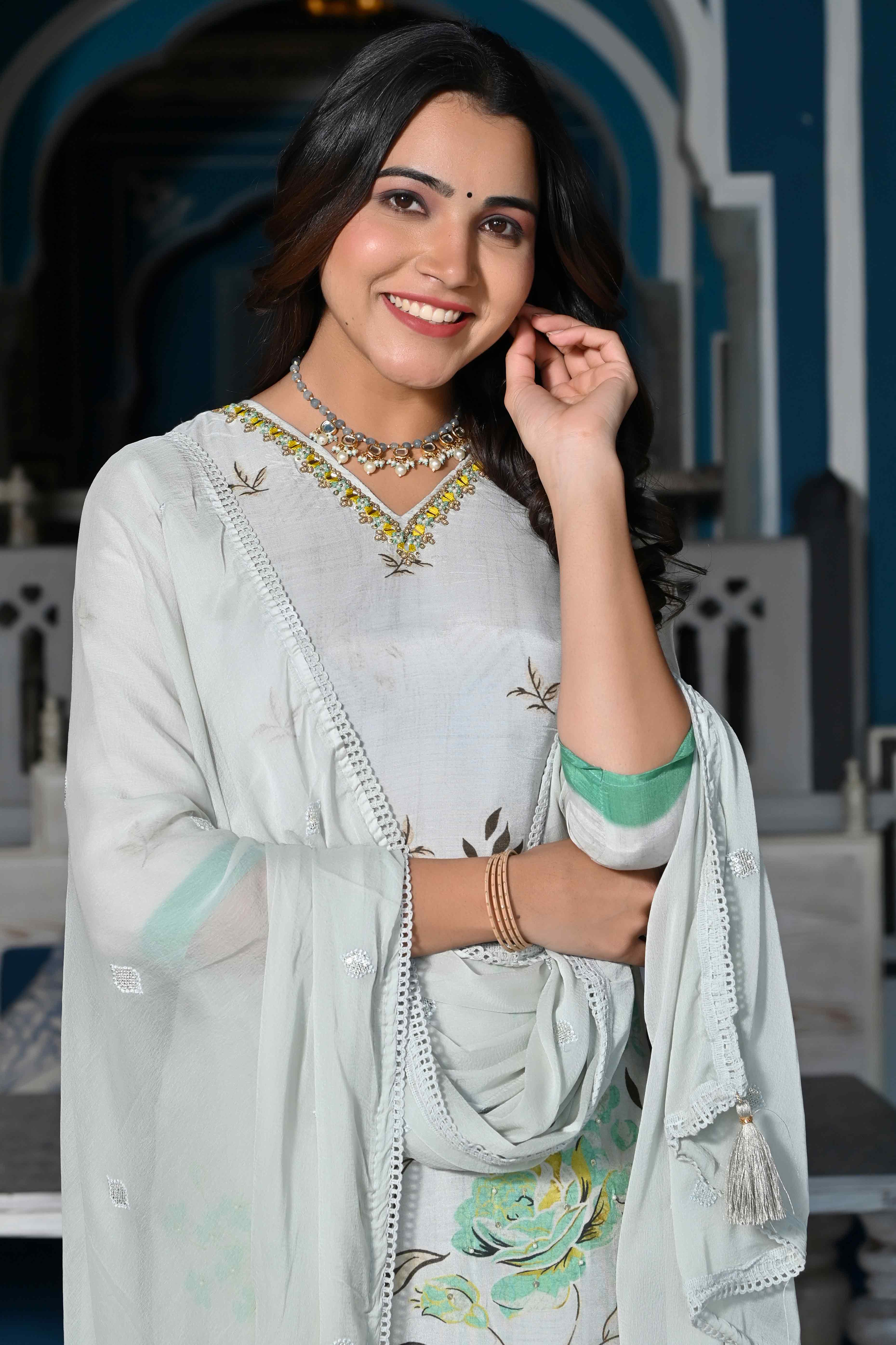 Grey Floral With Beads Work Printed Muslin Salwar Suit