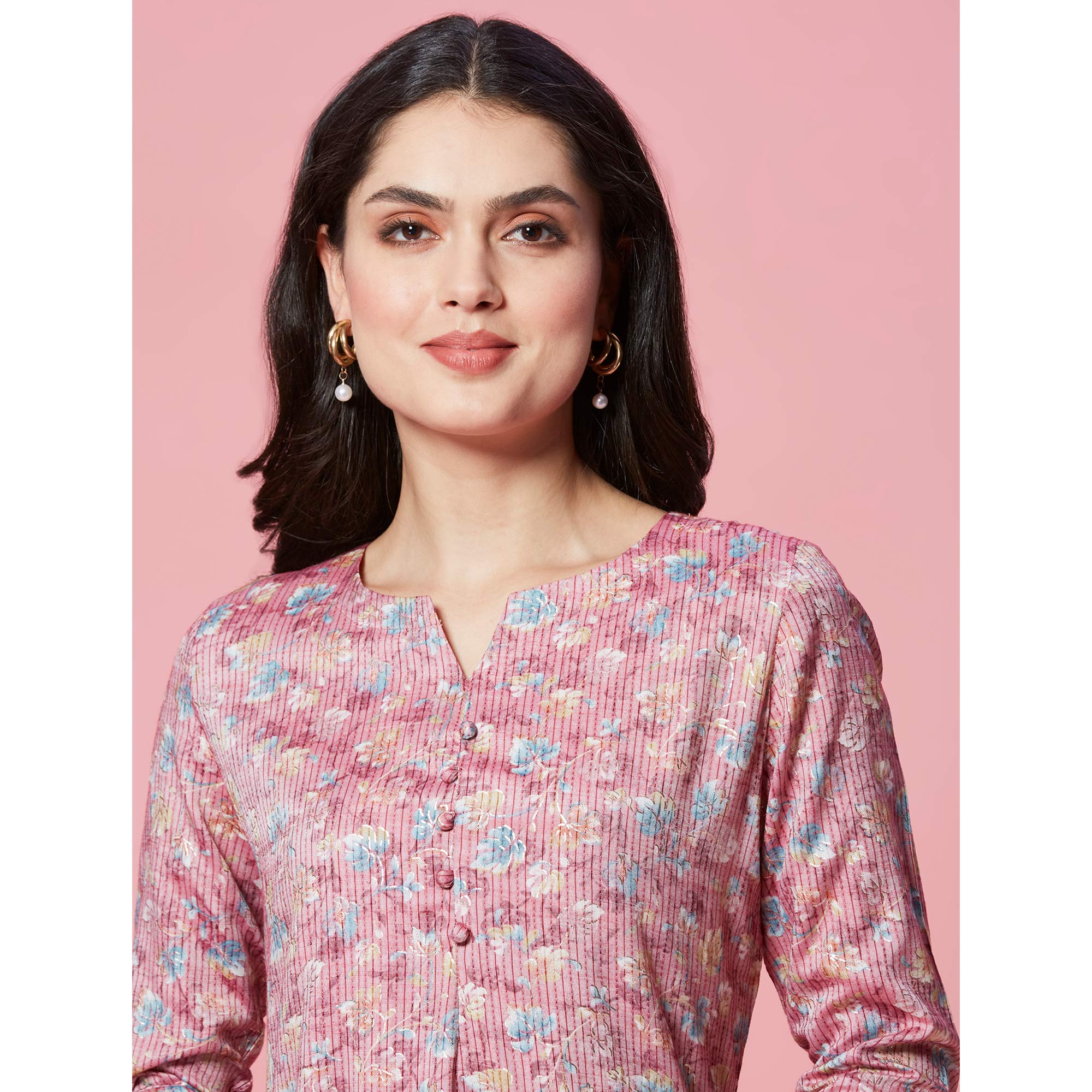 Mauve Floral Printed Pure Cotton Straight Kurti