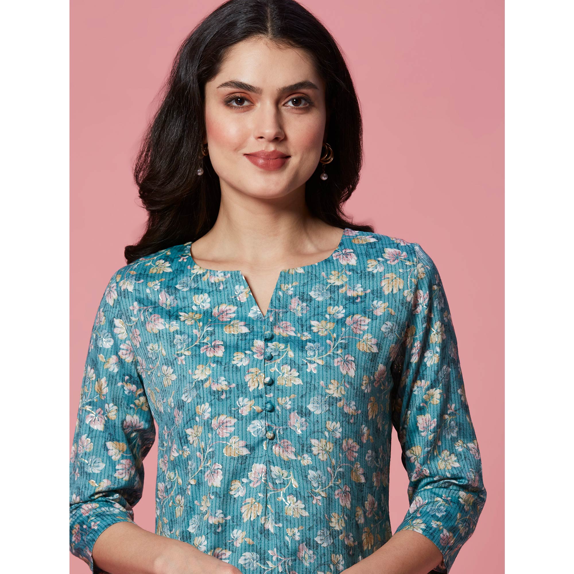 Turquoise Floral Printed Pure Cotton Straight Kurti