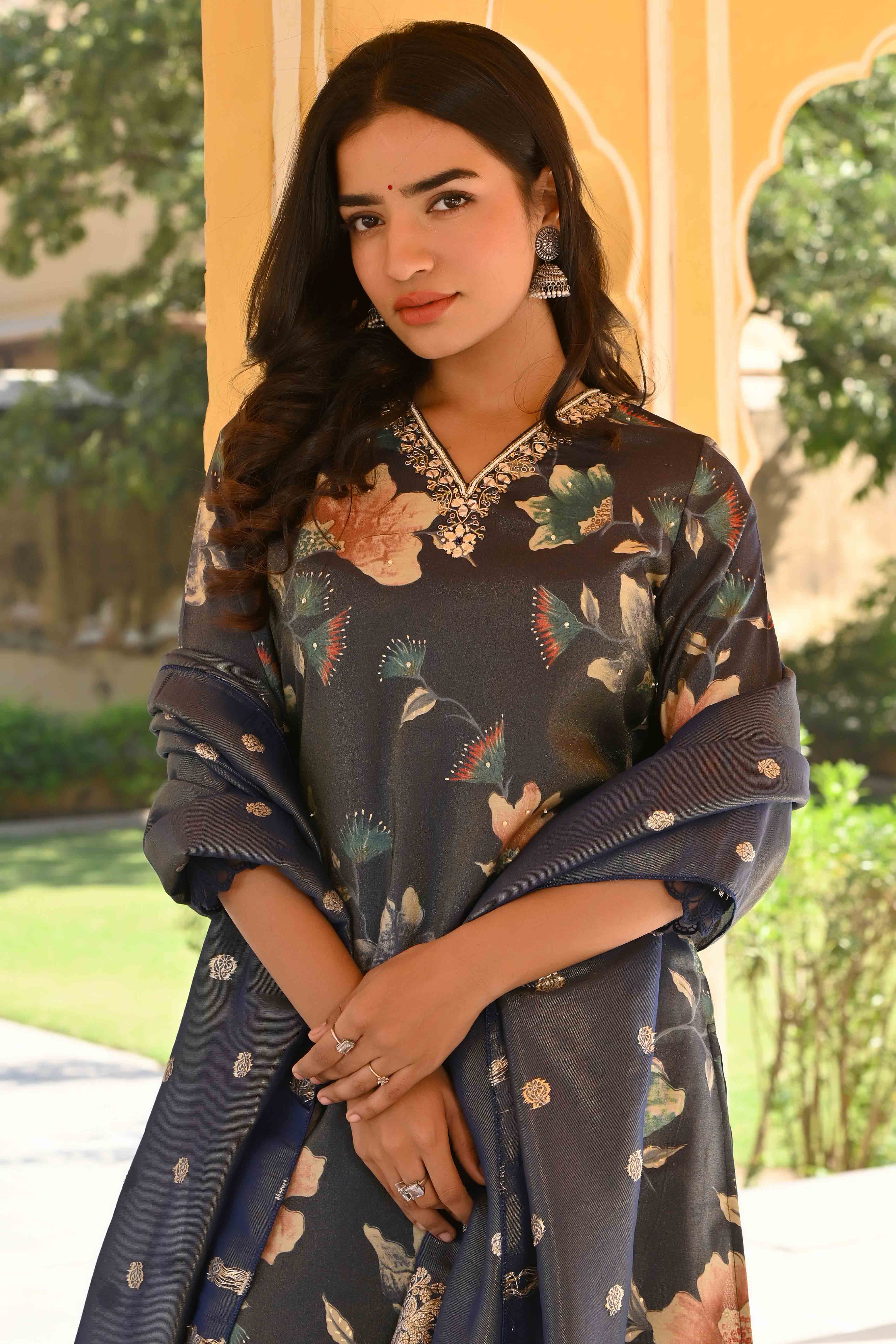 Blue Floral Foil Pinted With Handwork Viscose Salwar Suit