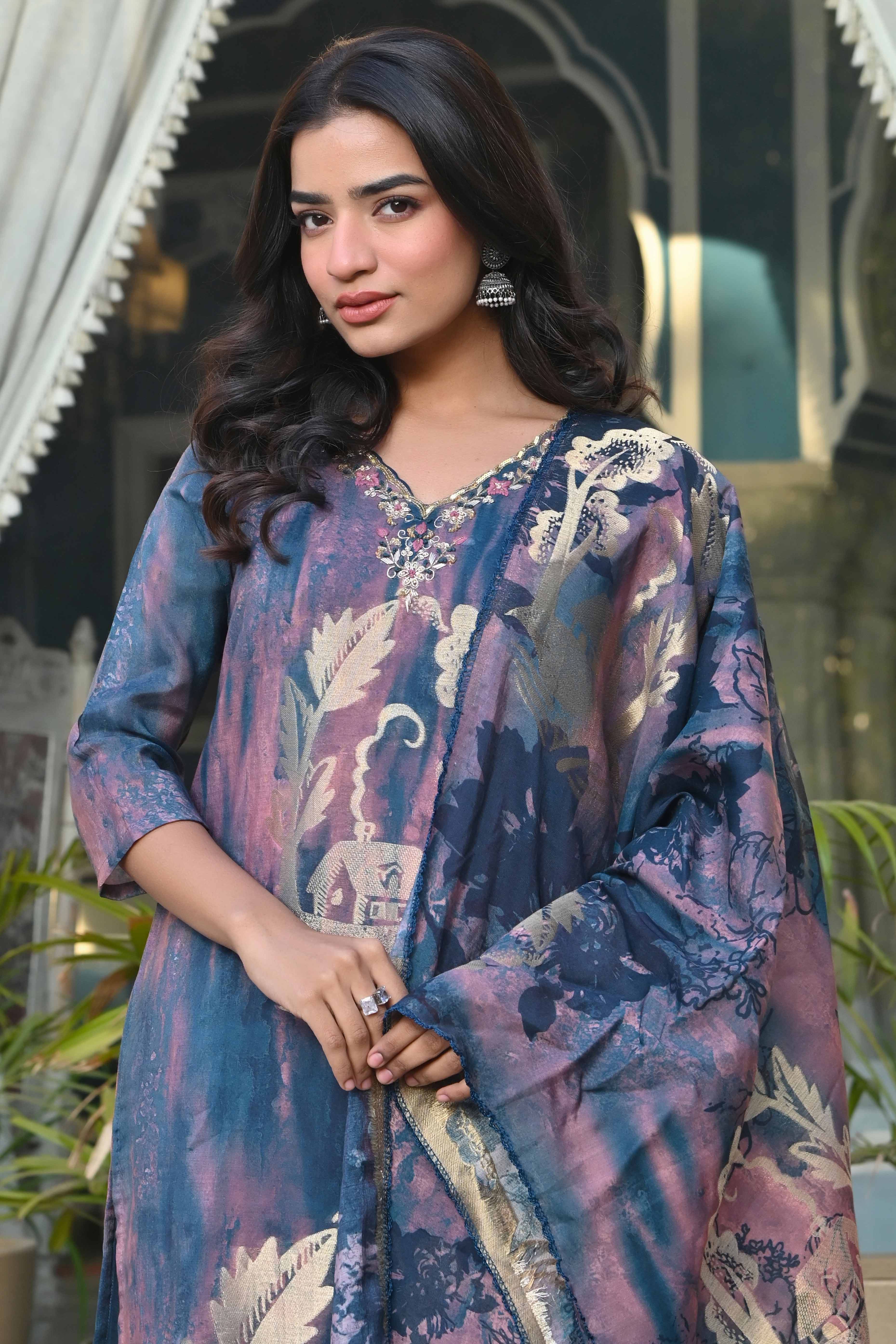 Blue Foil Printed Muslin Straight Salwar Suit