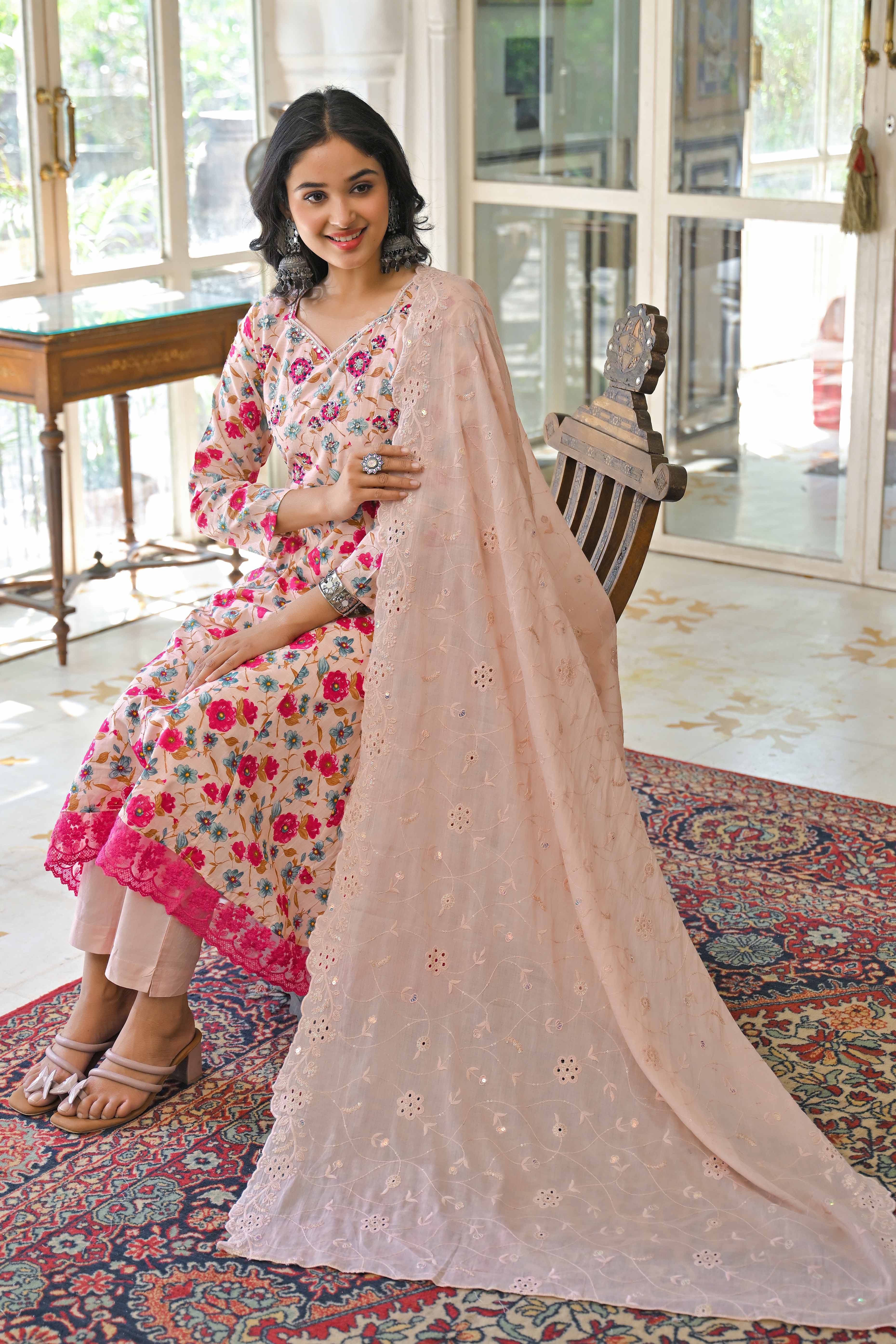 Light Pink Floral Printed Beads Work Pure Cotton Anarkali Salwar Suit
