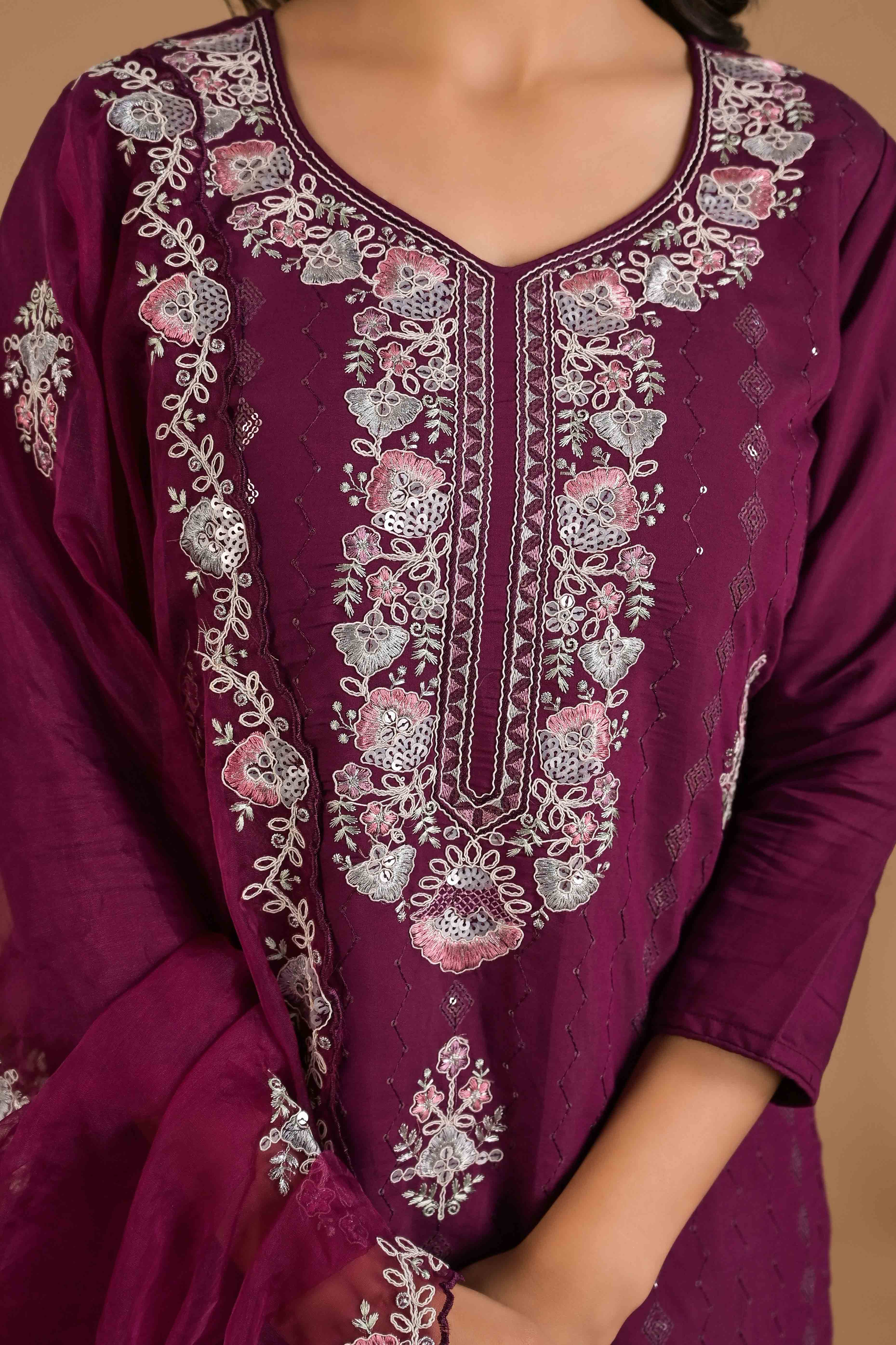 Imperial Purple Floral Embroidered Sequins Work Cotton Silk Straight Salwar Suit