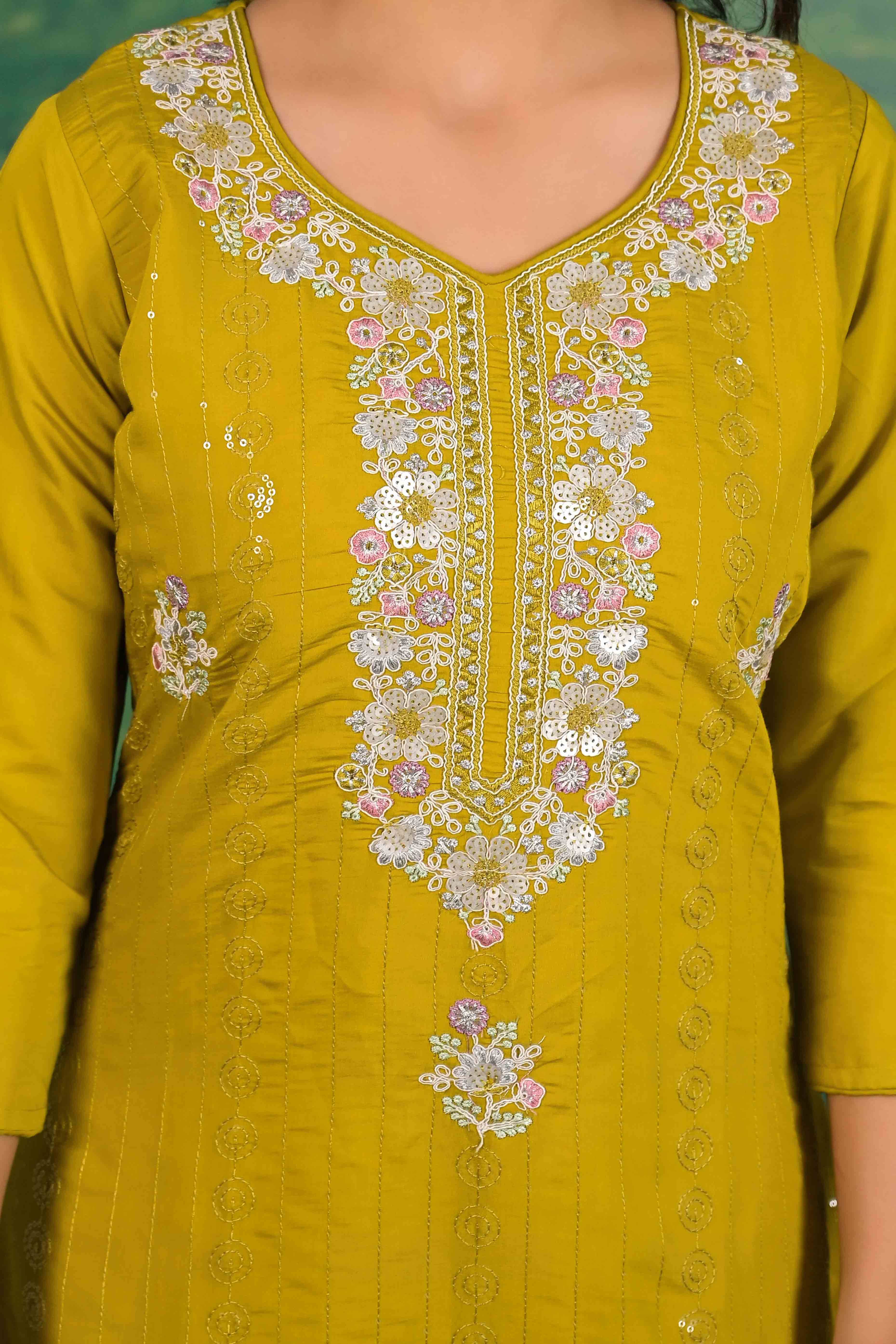 Mustard Floral Embroidered Sequins Work Cotton Silk Straight Salwar Suit