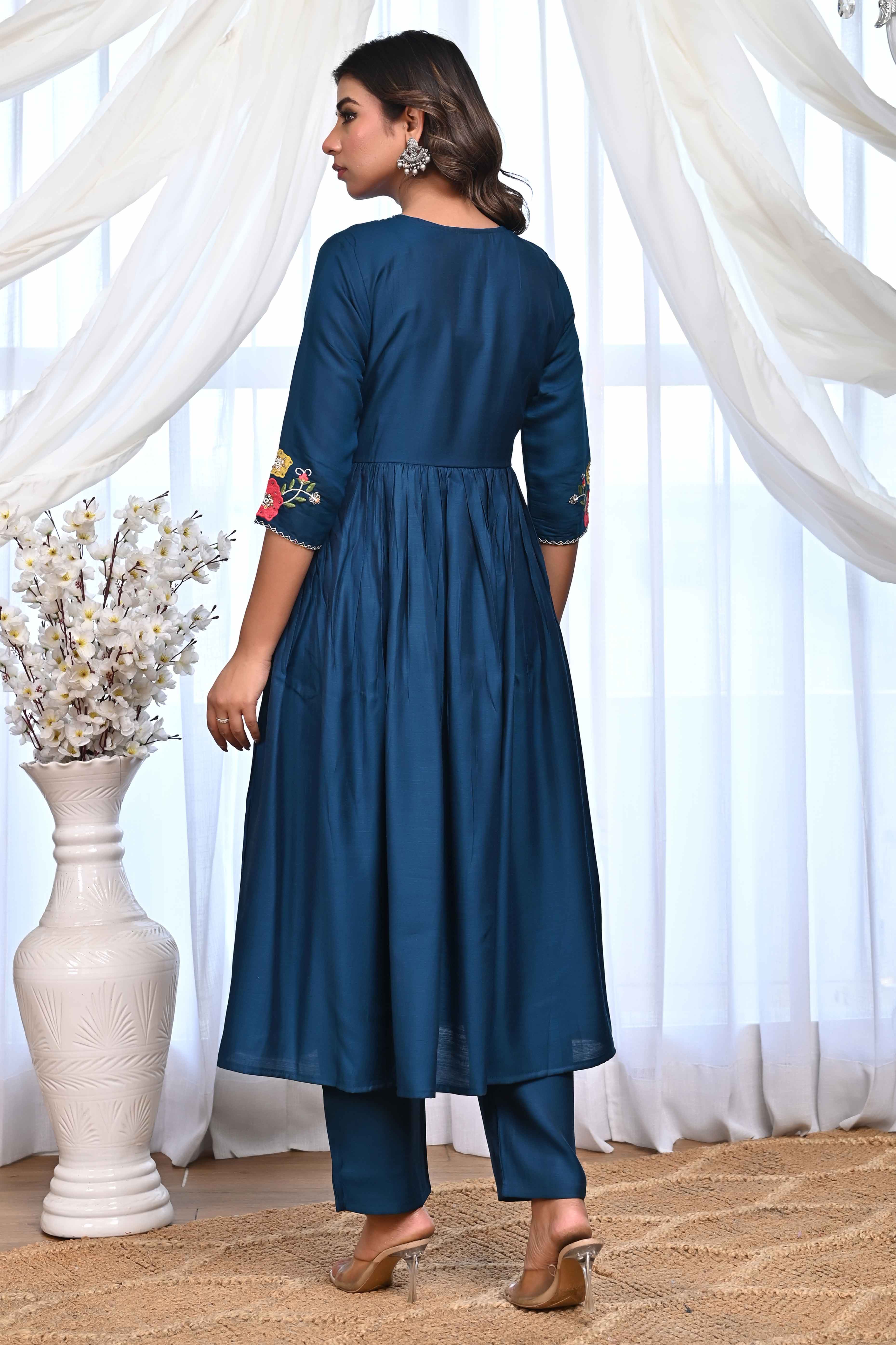 Blue Floral Embroidered A-Line Alia Cut Suit With Elegant Moti Handwork On Cotton Blend