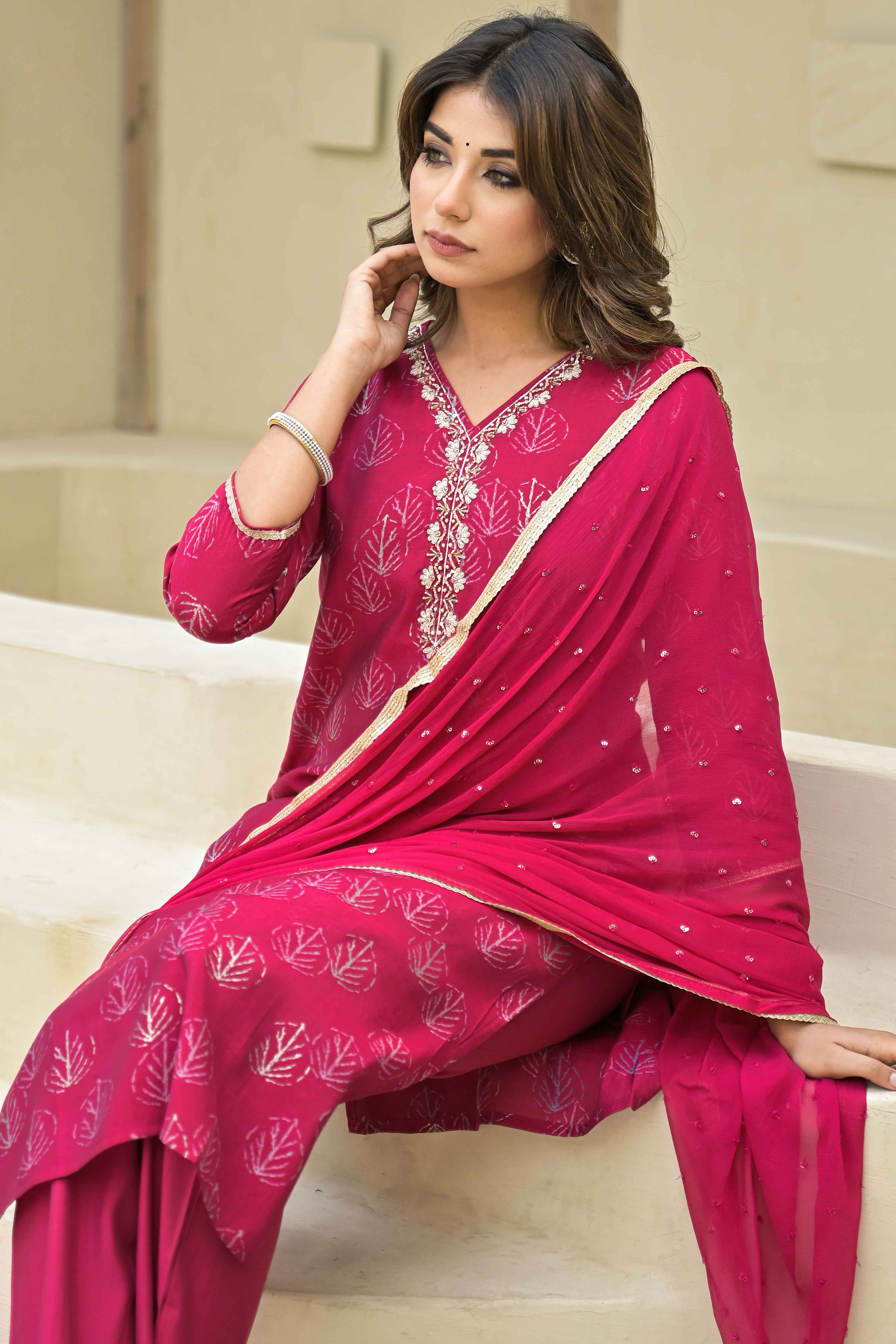 Pink Foil Printed Chanderi Straight Salwar Suit