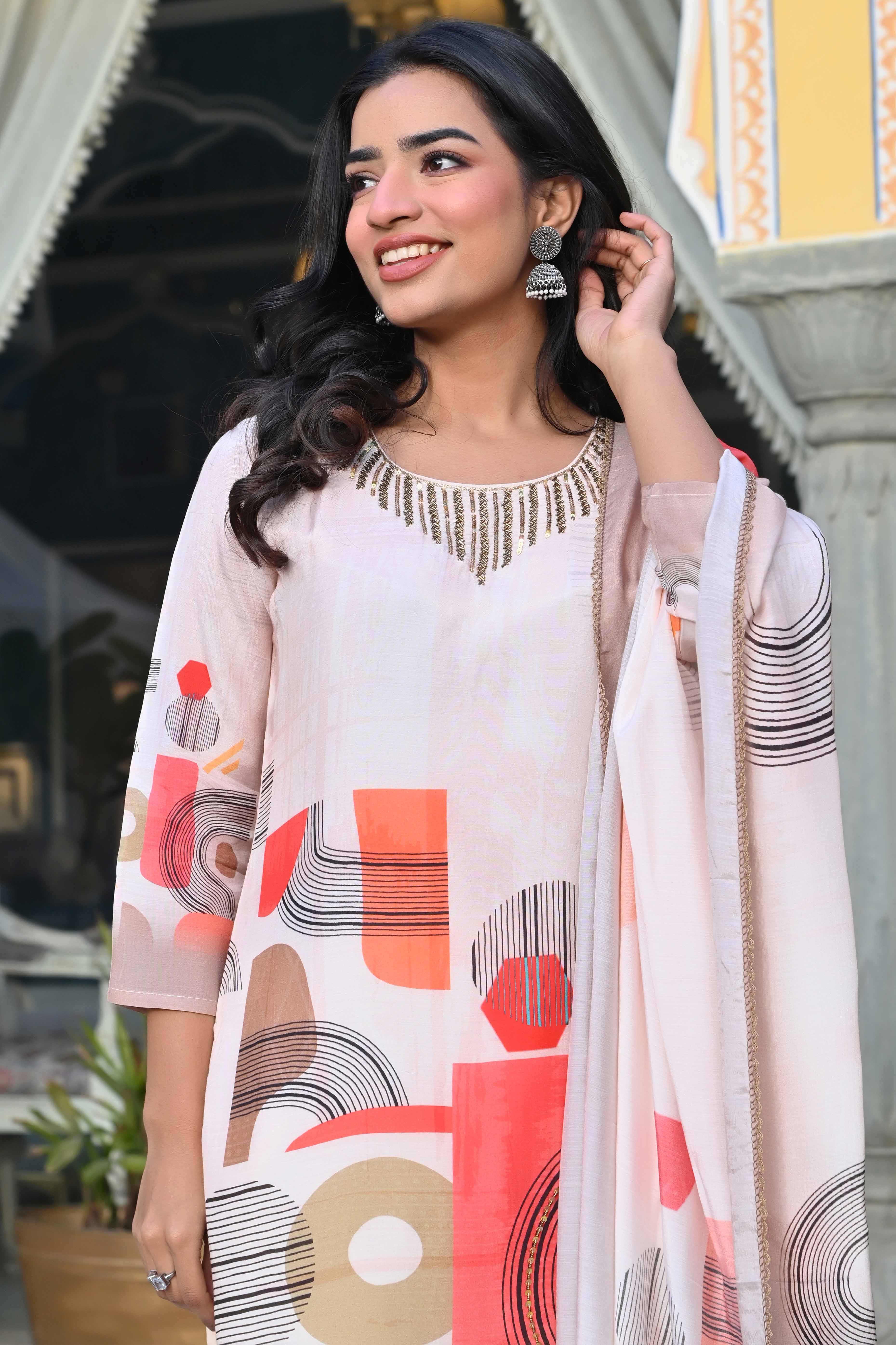 Cream Geometric Printed Muslin Straight Salwar Suit