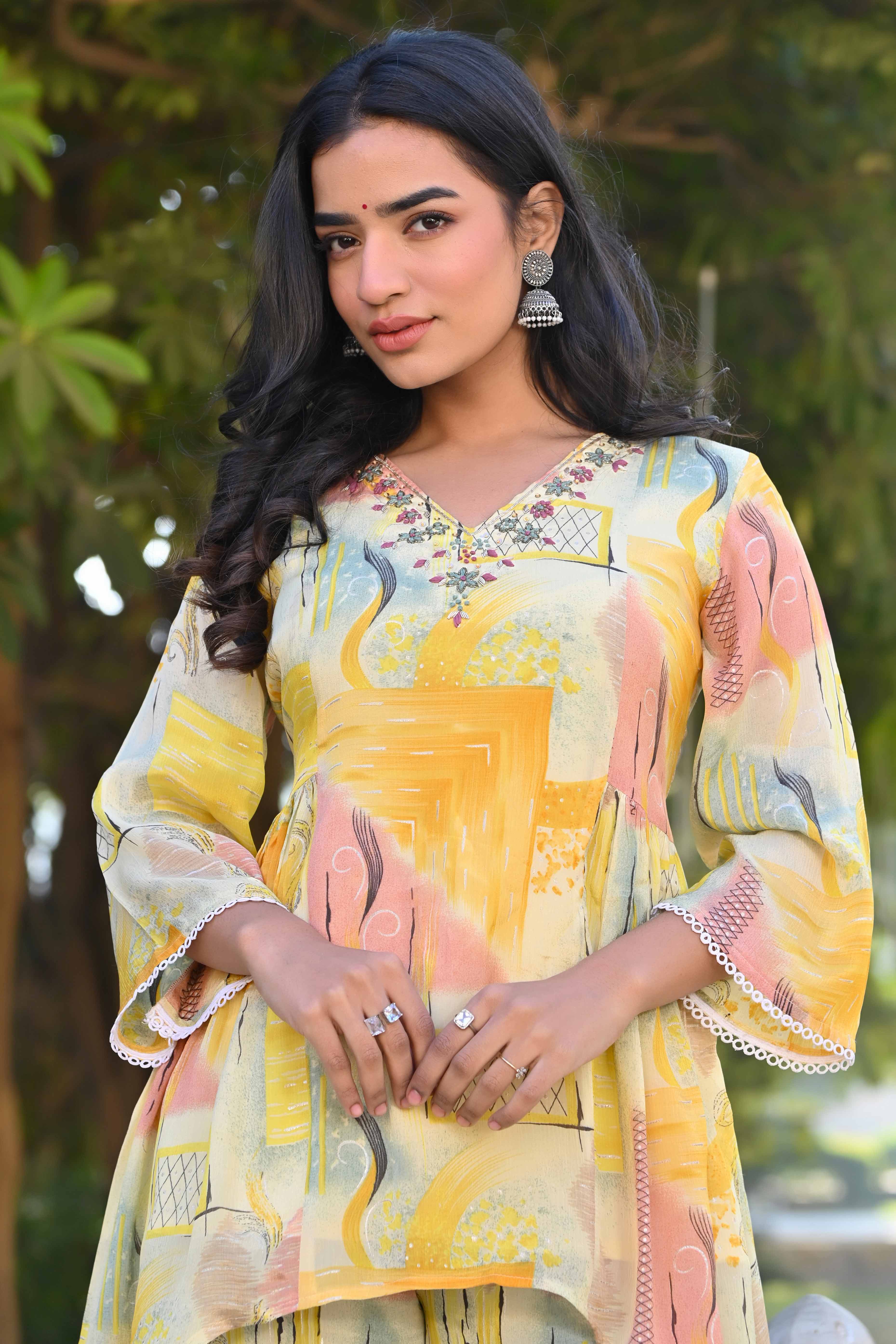 Cream & Yellow Printed With Embroidered Pure Chinon A-Line Co-Ord Set