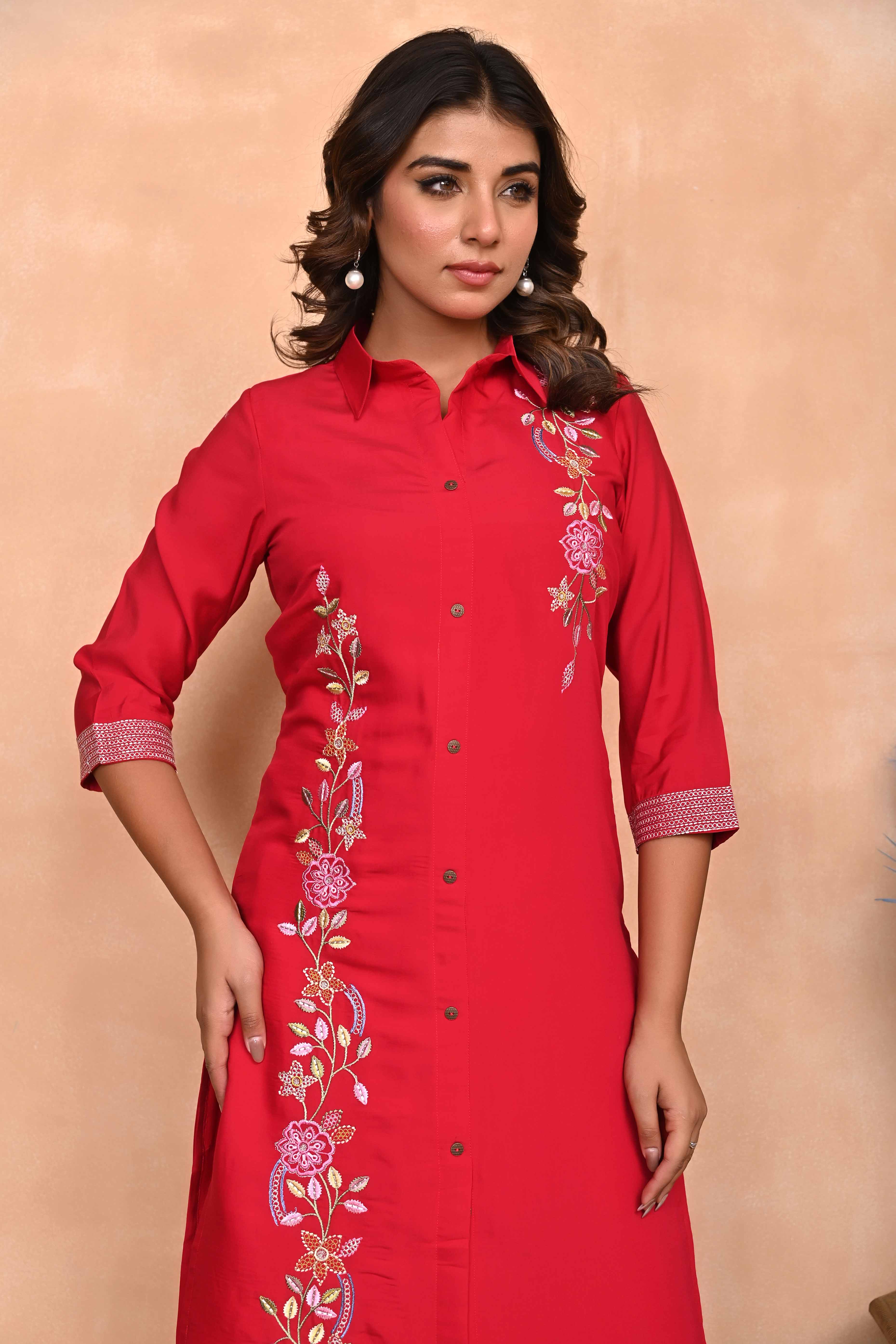 Stylish Red Co-Ord Set in Chanderi Silk with Intricate Floral Embroidery