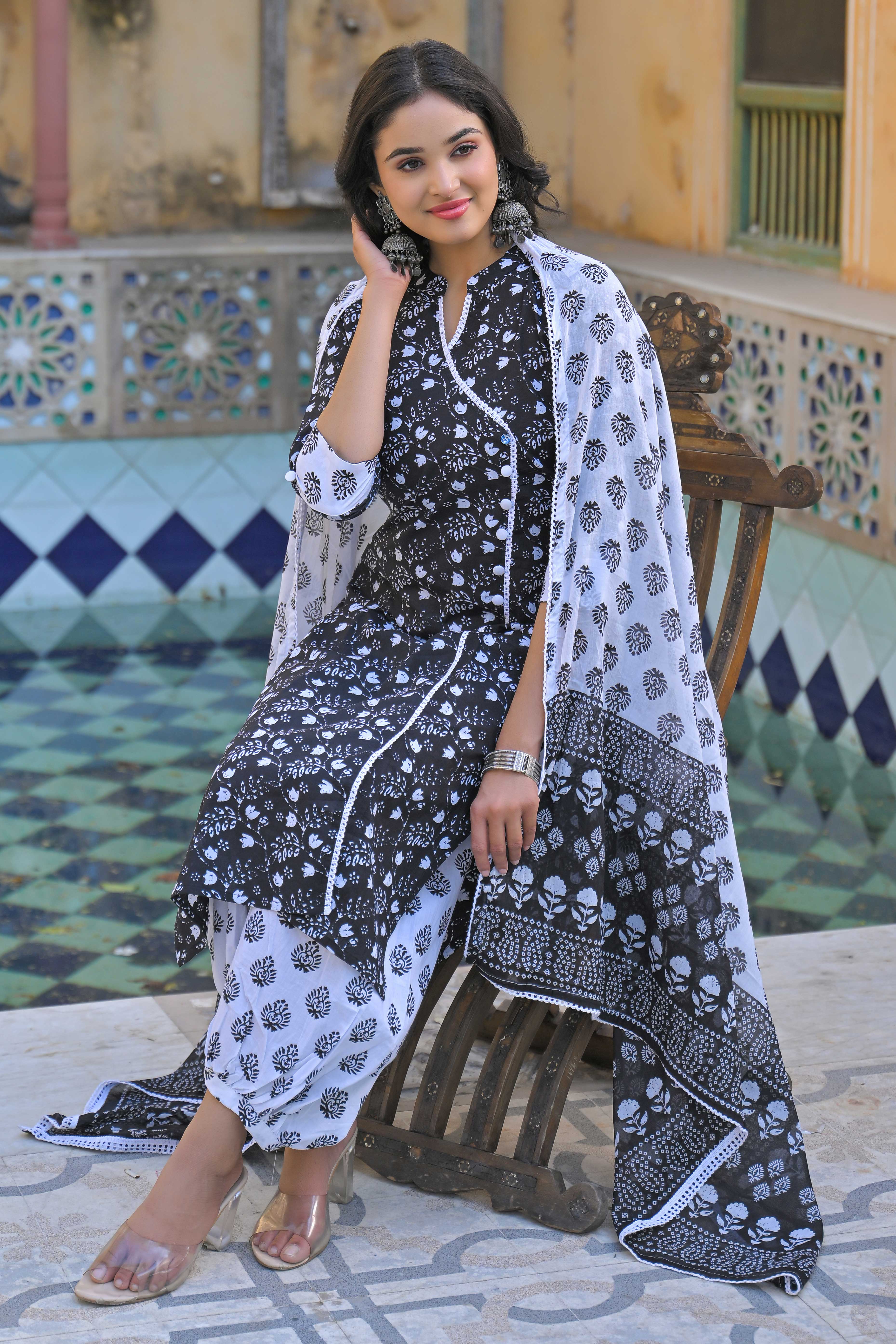 Black Floral Printed Pure Cotton Angrakha Salwar Suit
