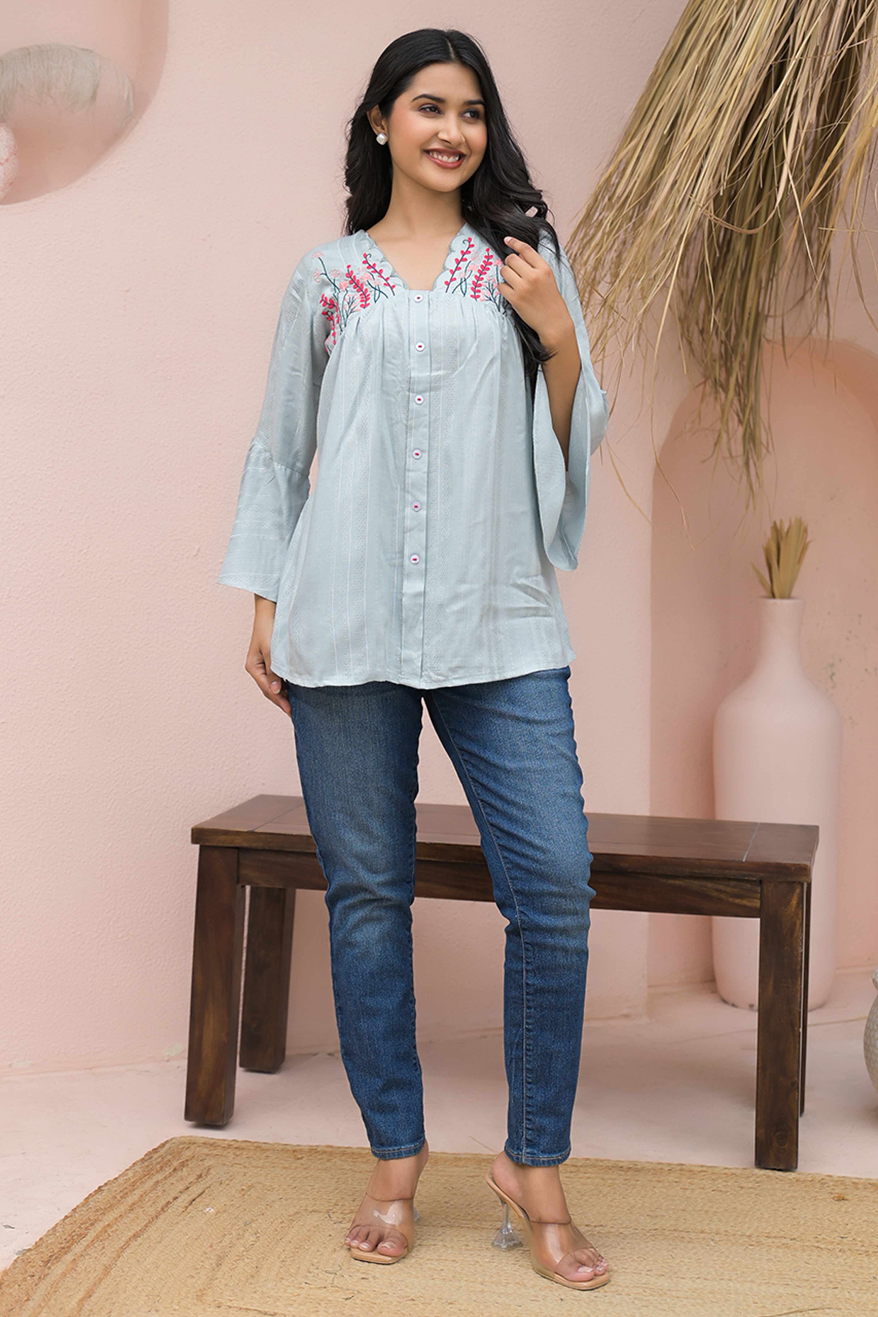 Elegant Light Sky Blue A-Line Cotton Top with Delicate Floral Work