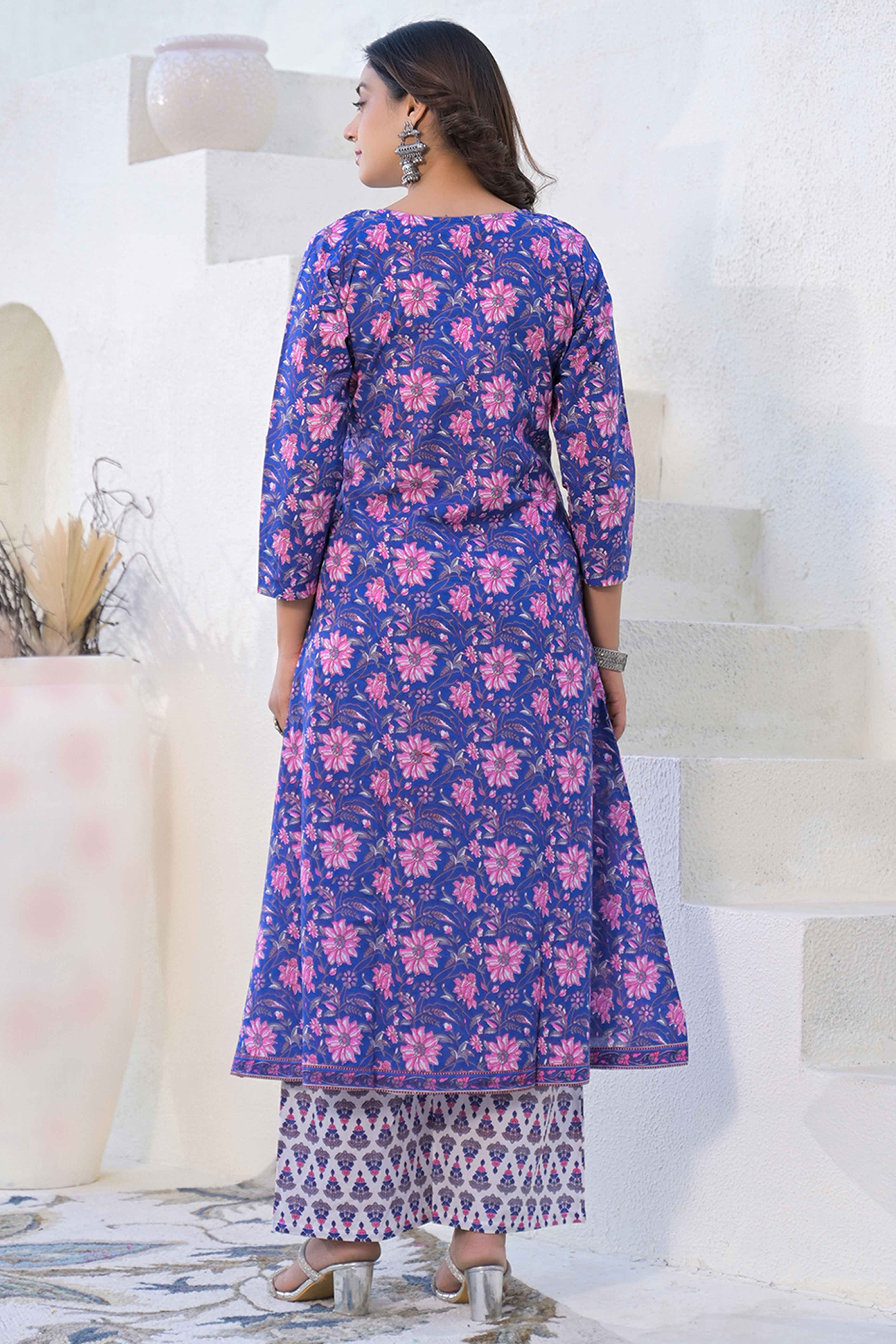 Blue Pure Cotton Salwar Suit with Floral Prints and Embroidered Neck